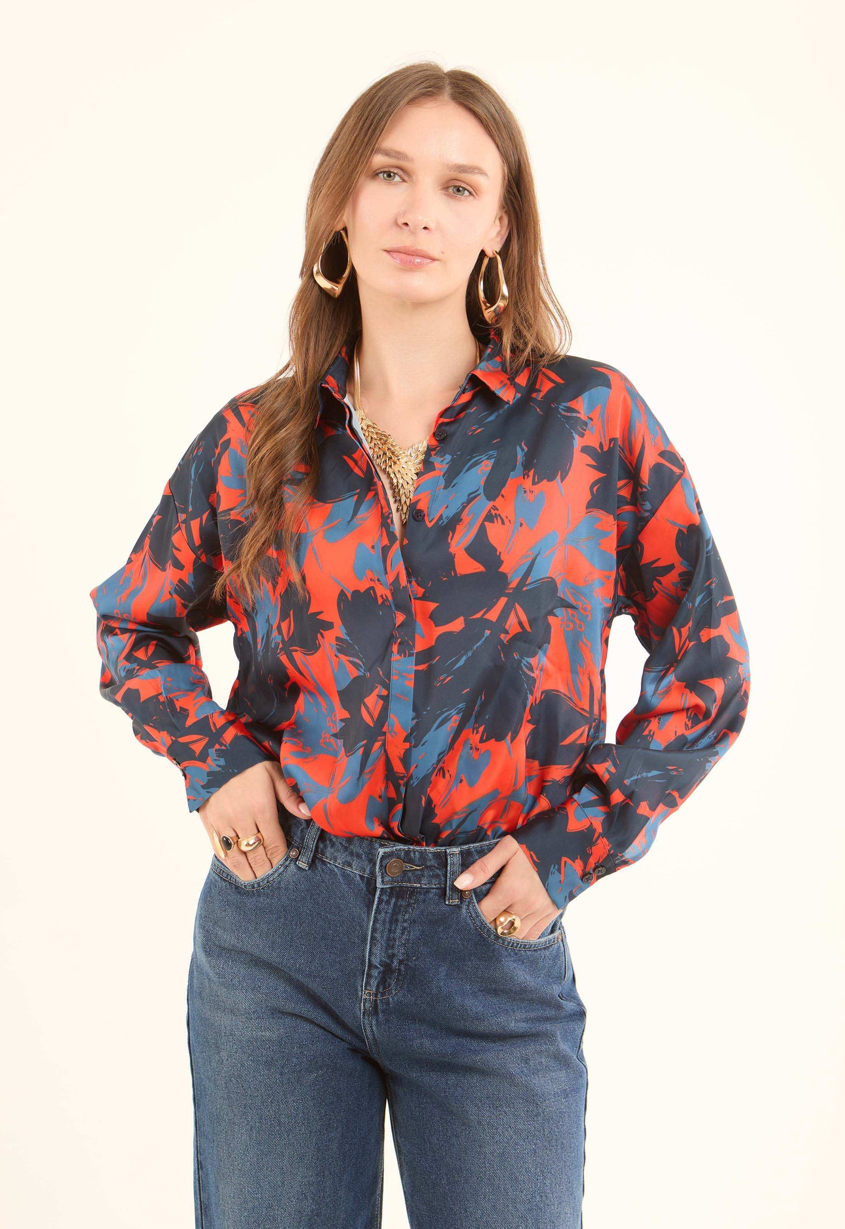 Printed Satin-Feel Blouse with Classic Collar