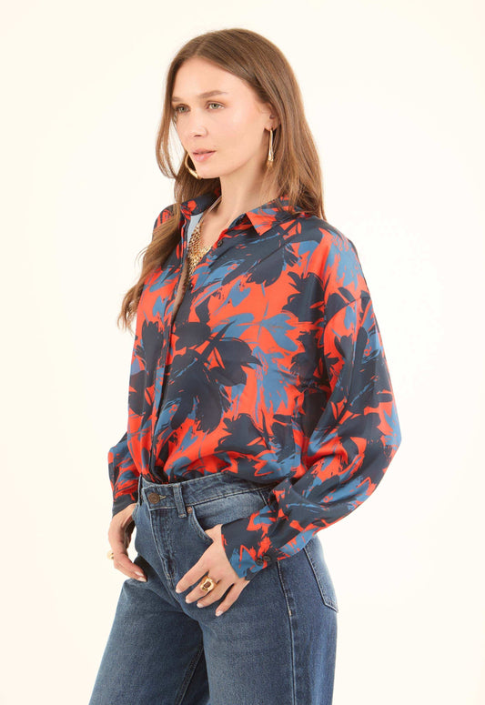 Printed Satin-Feel Blouse with Classic Collar