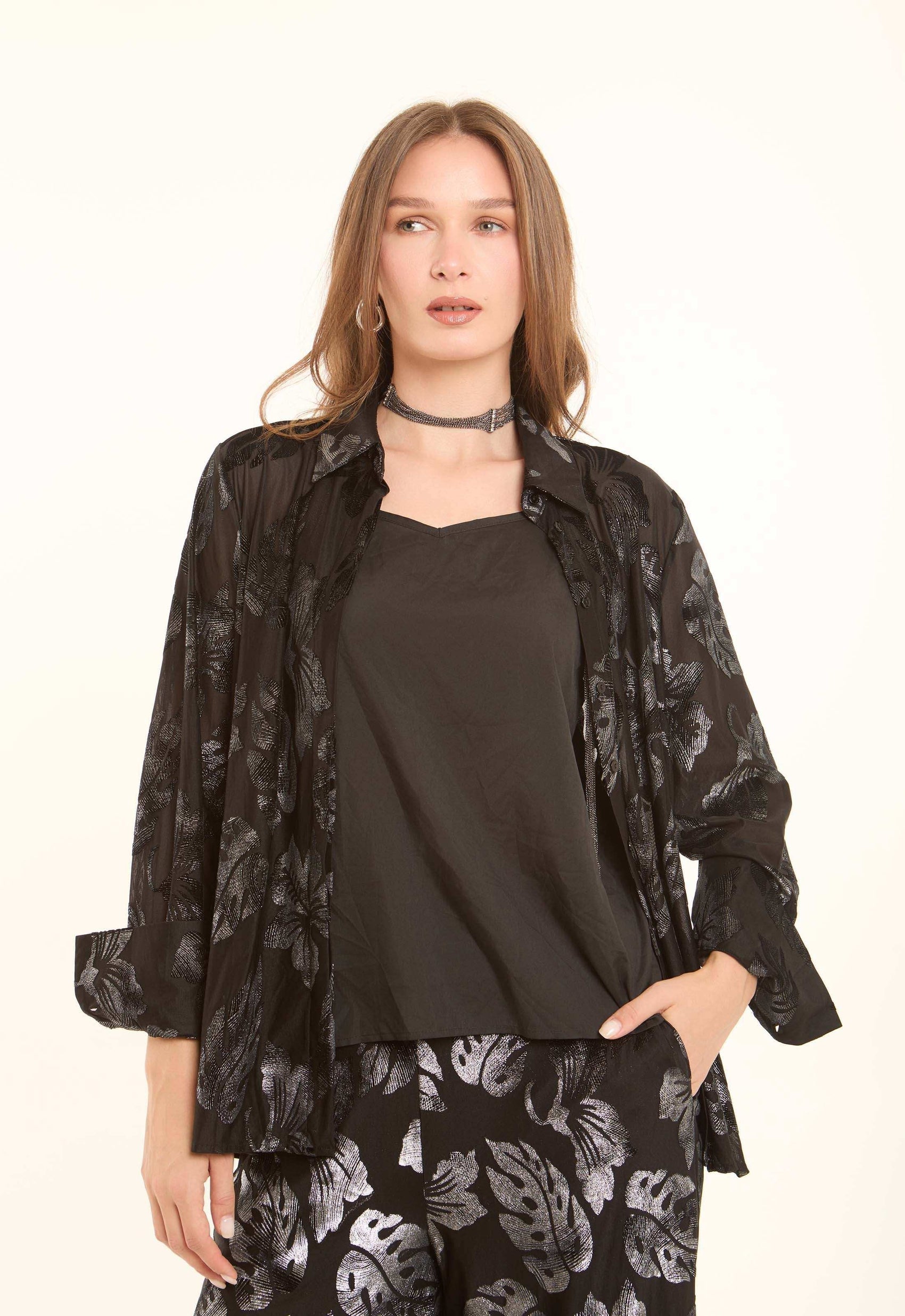 Sheer Leaf-Pattern Blend Shirt