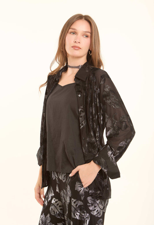Sheer Leaf-Pattern Blend Shirt