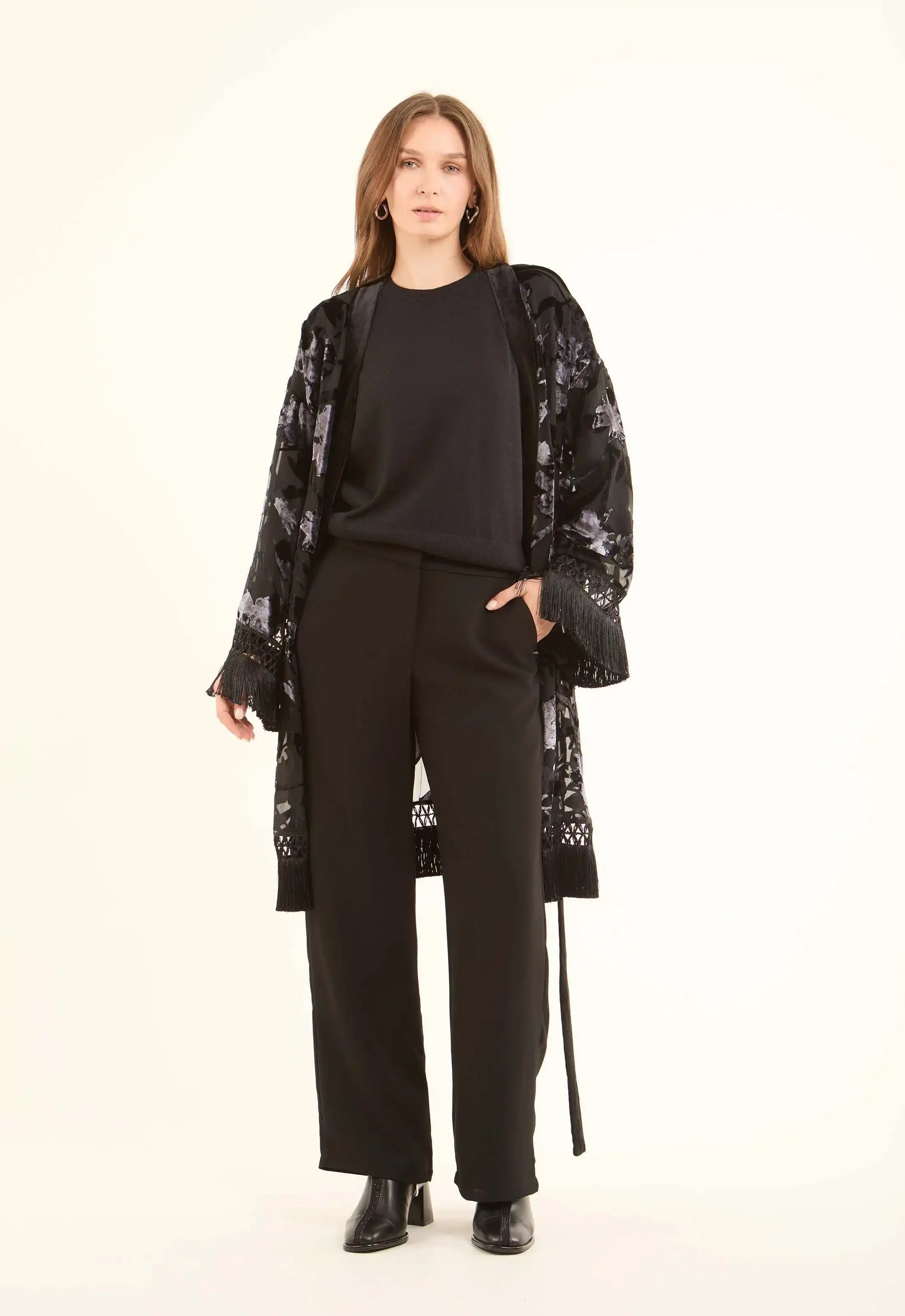 Velvet Floral Elegant Kimono with Fringed Sleeves