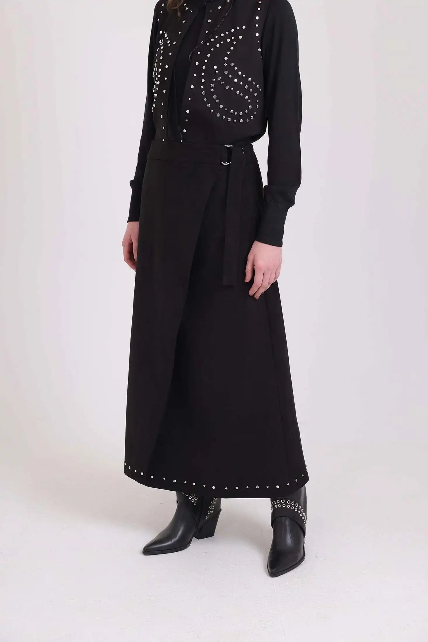 Comfy A-Line Skirt with Metal Studs Trim