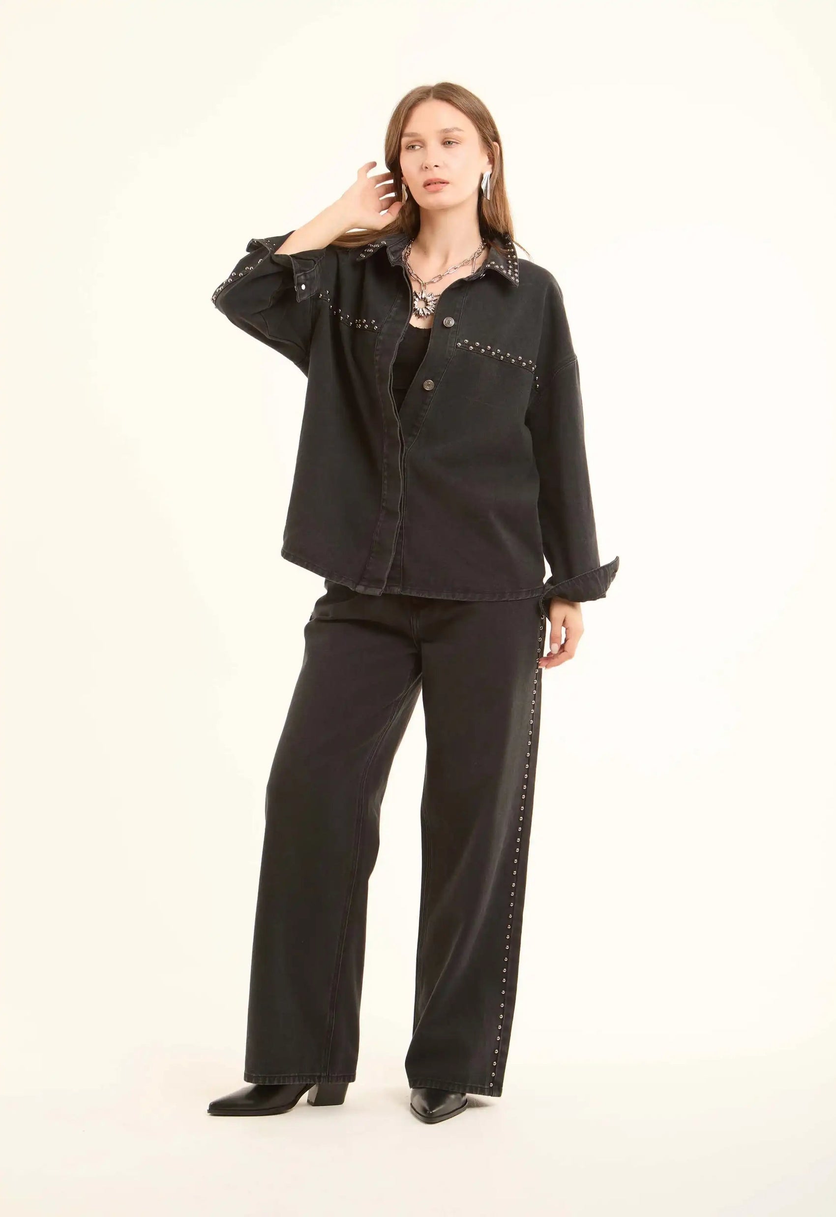 Studded-Side Wide-Leg Jeans