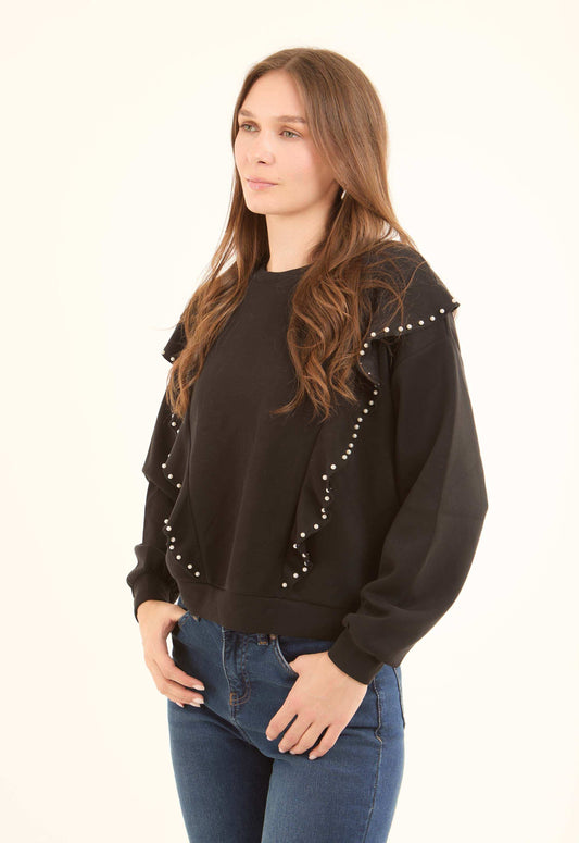 Front Ruffles with Pearls Crew Neck Sweatshirt