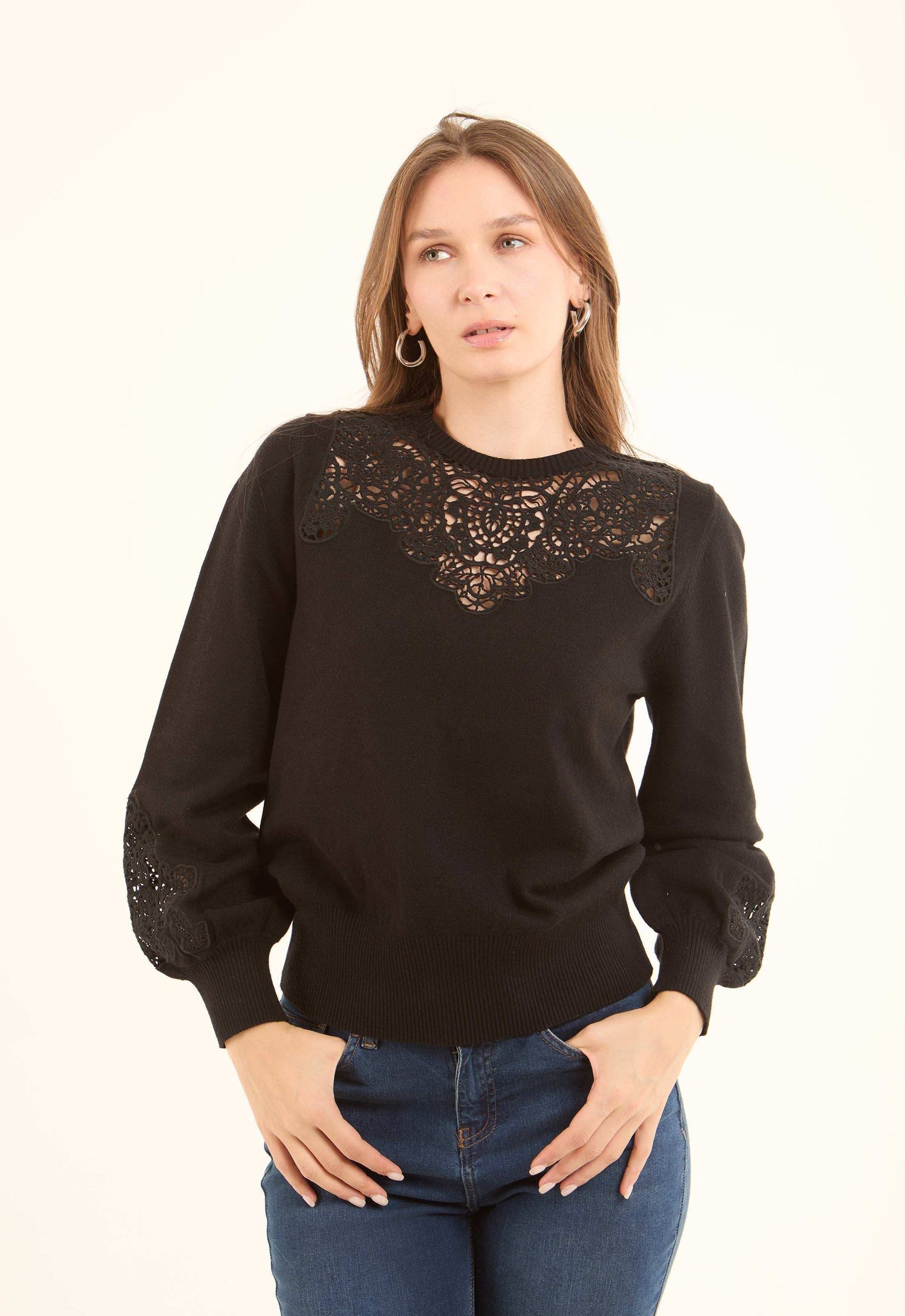Elegant Pullover with Perforated Crochet Touch