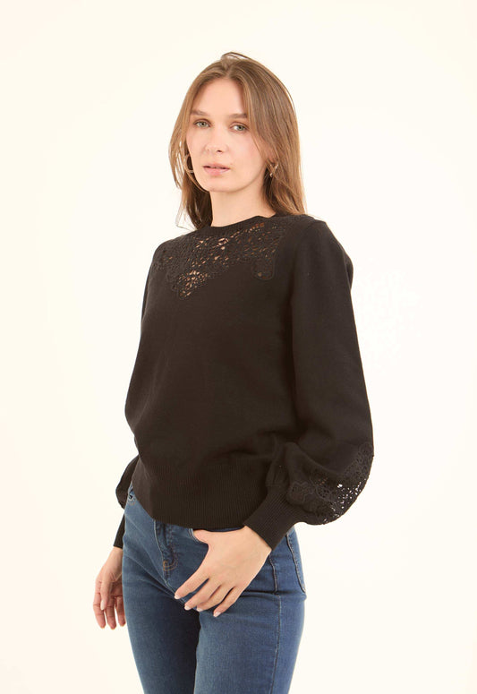 Elegant Pullover with Perforated Crochet Touch