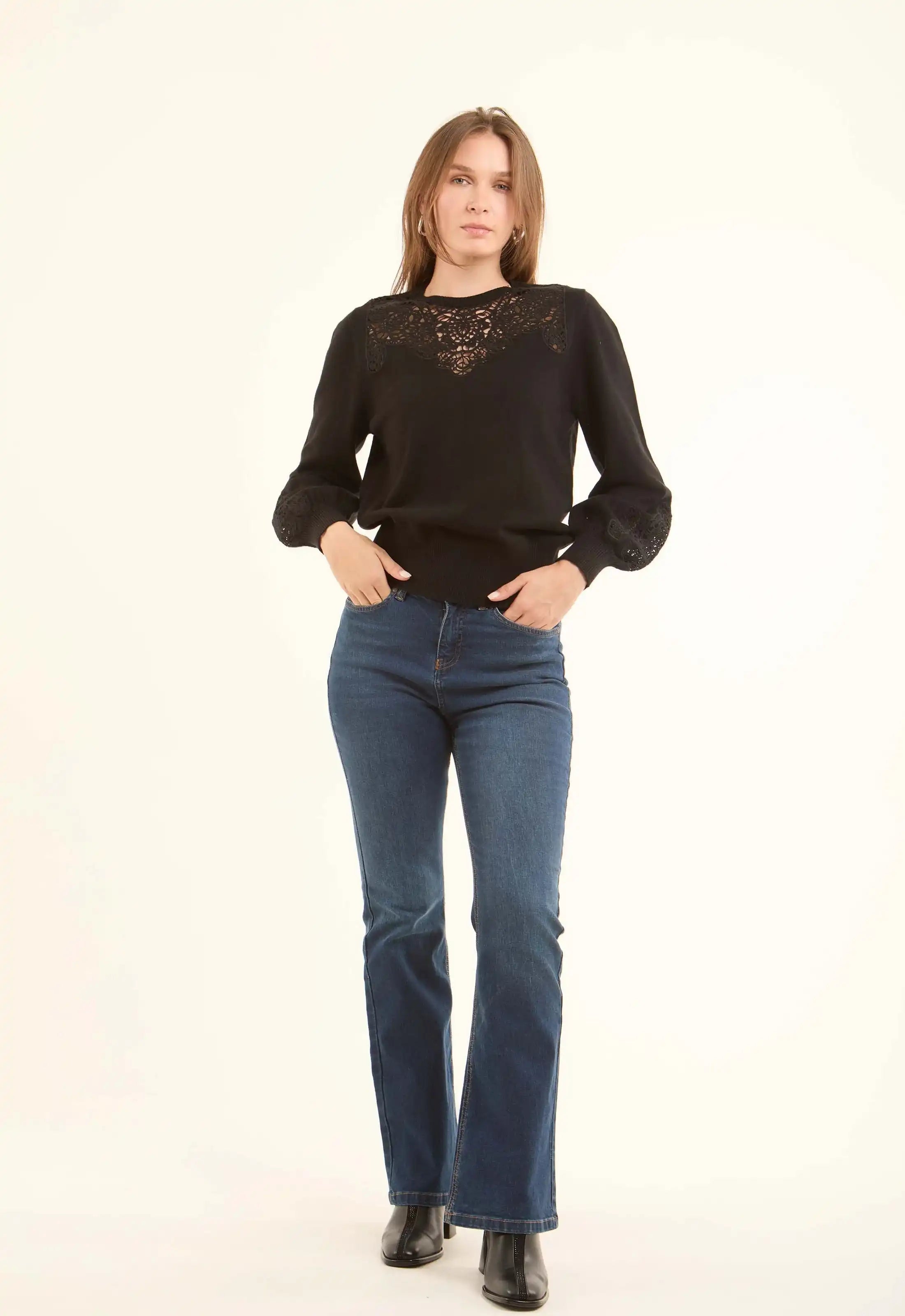Elegant Pullover with Perforated Crochet Touch