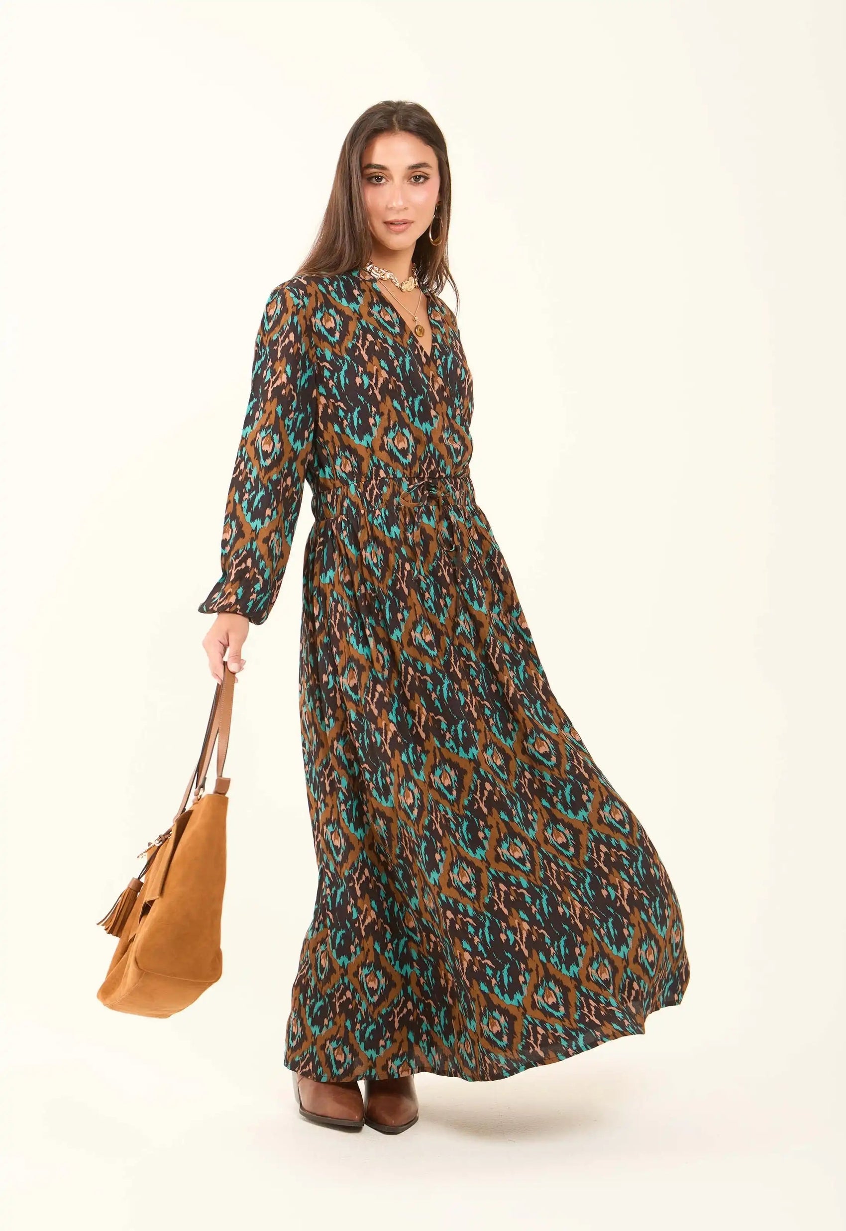 Patterned Drawstring Dress with V-Neck