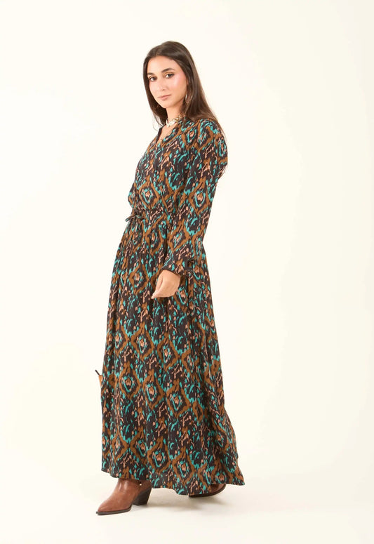 Patterned Drawstring Dress with V-Neck