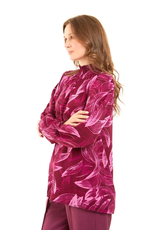 Printed High-Neck Blouse with Gathered Sleeves