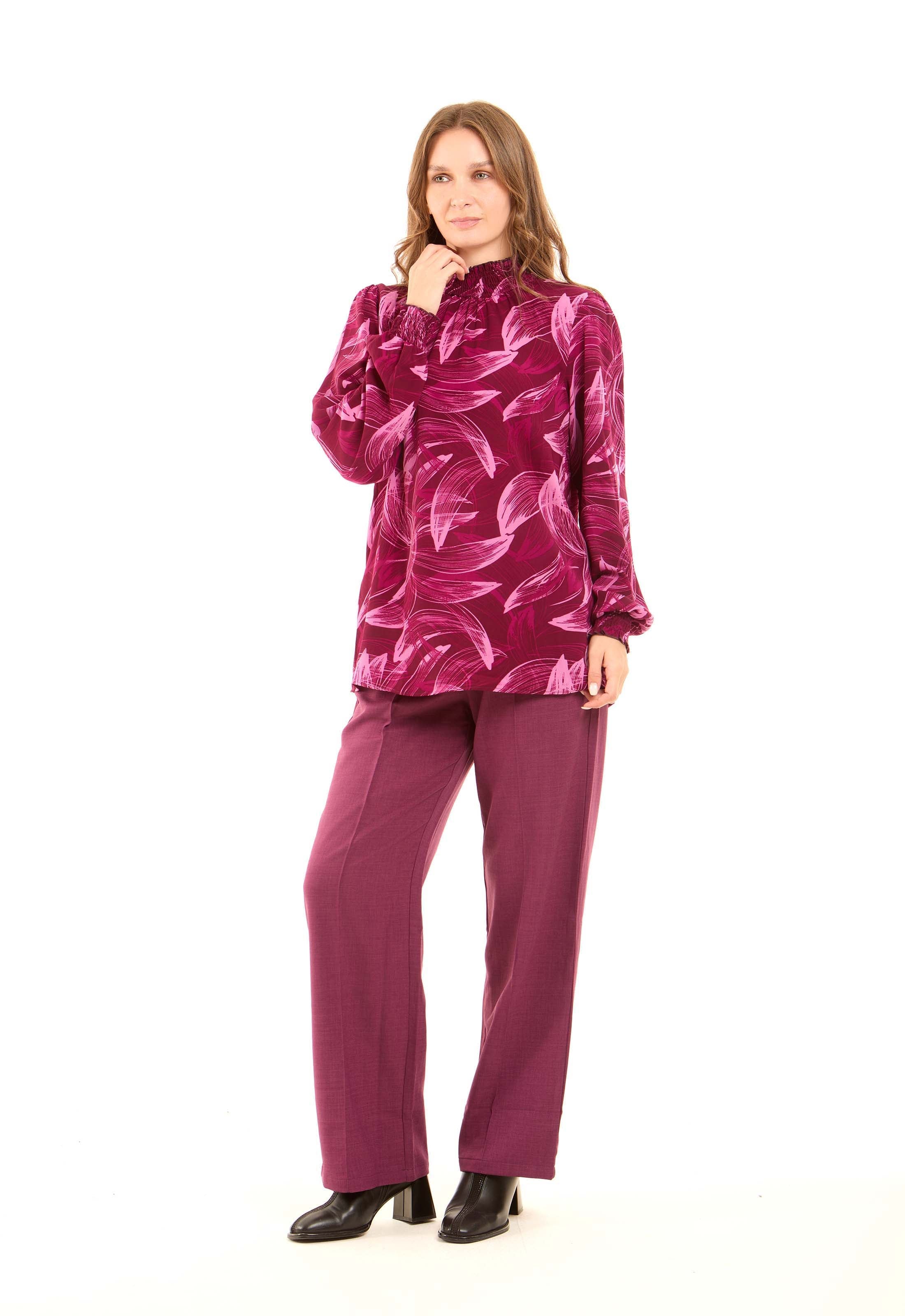 Printed High-Neck Blouse with Gathered Sleeves