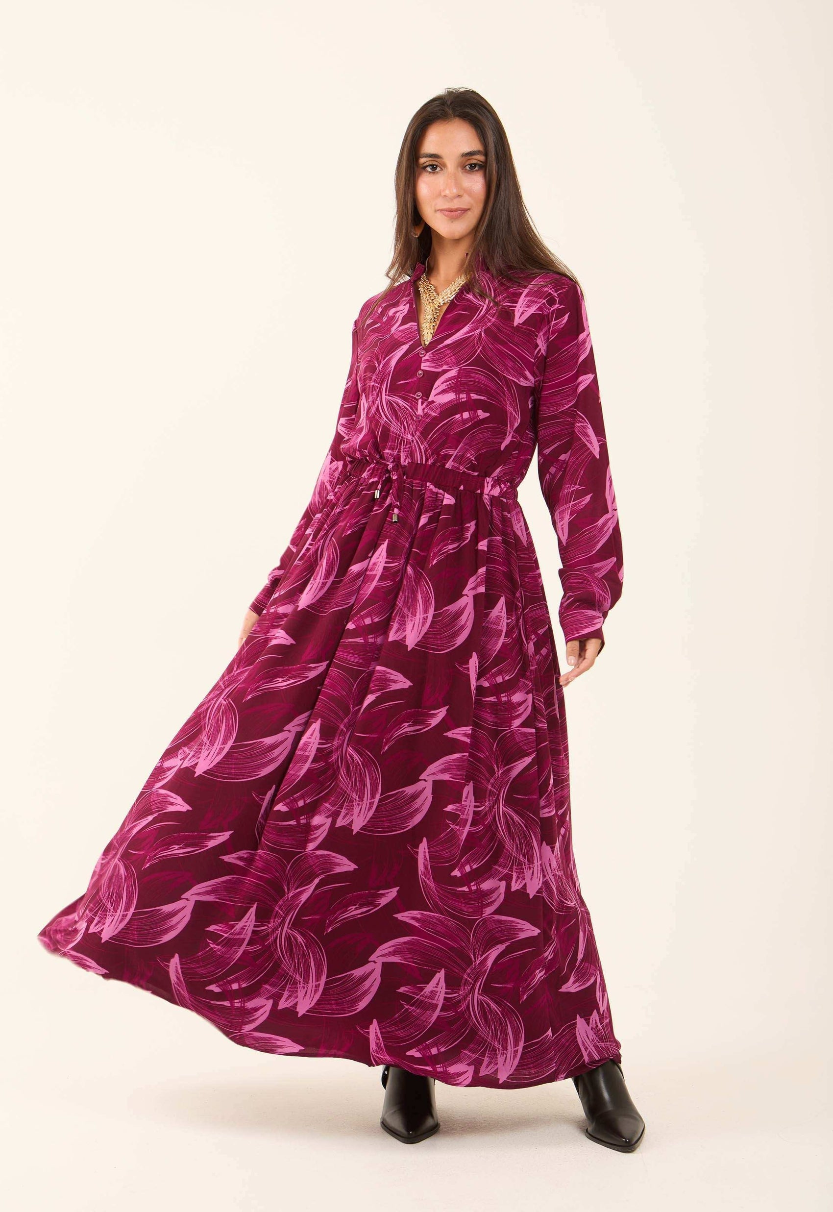 V-Neck Leaves Flowy Dress with Drawstring Waist