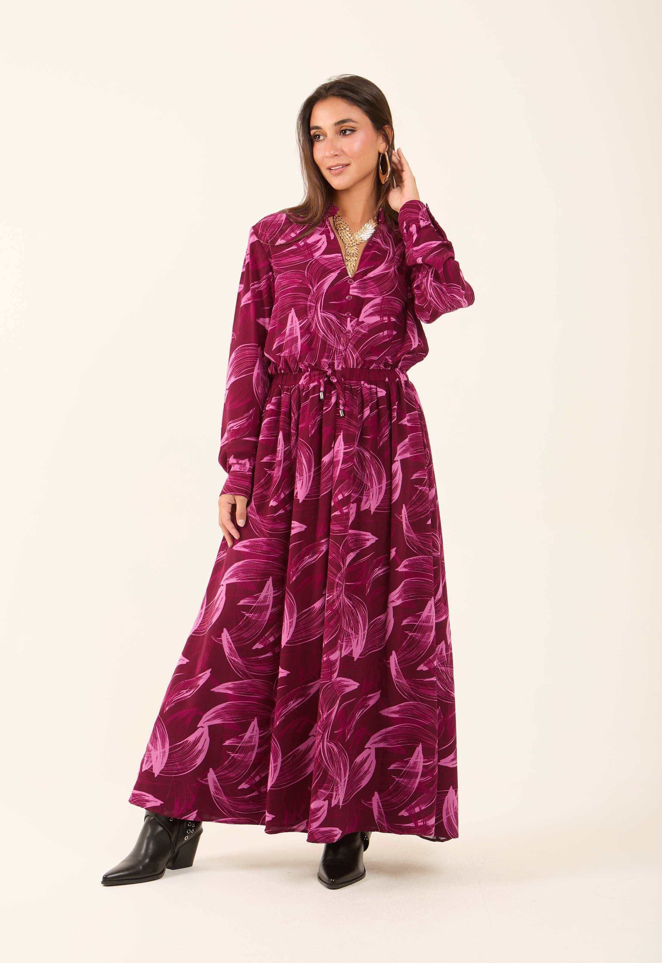 V-Neck Leaves Flowy Dress with Drawstring Waist