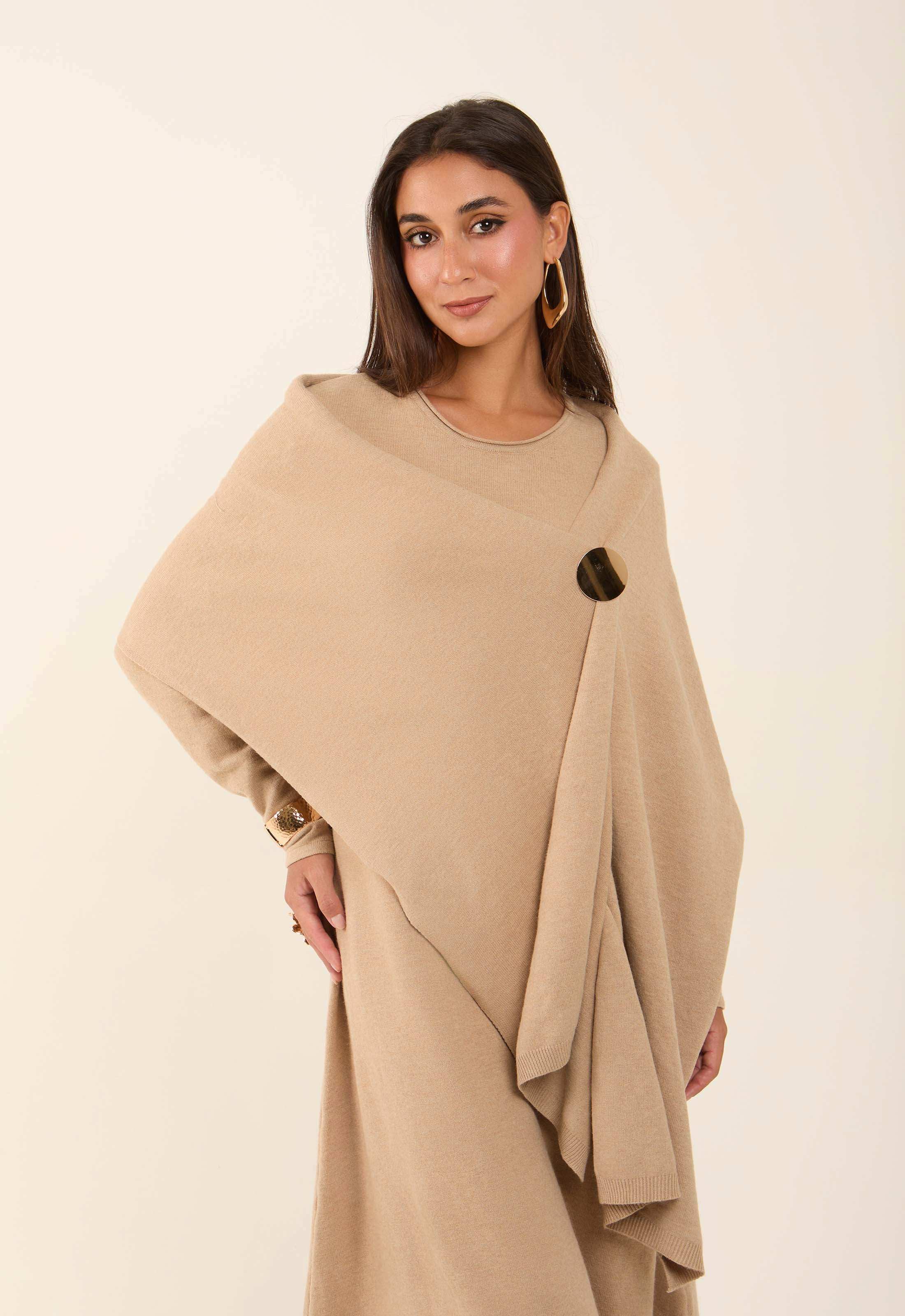 Neutral Flow Dress with Decorative Drape Shawl