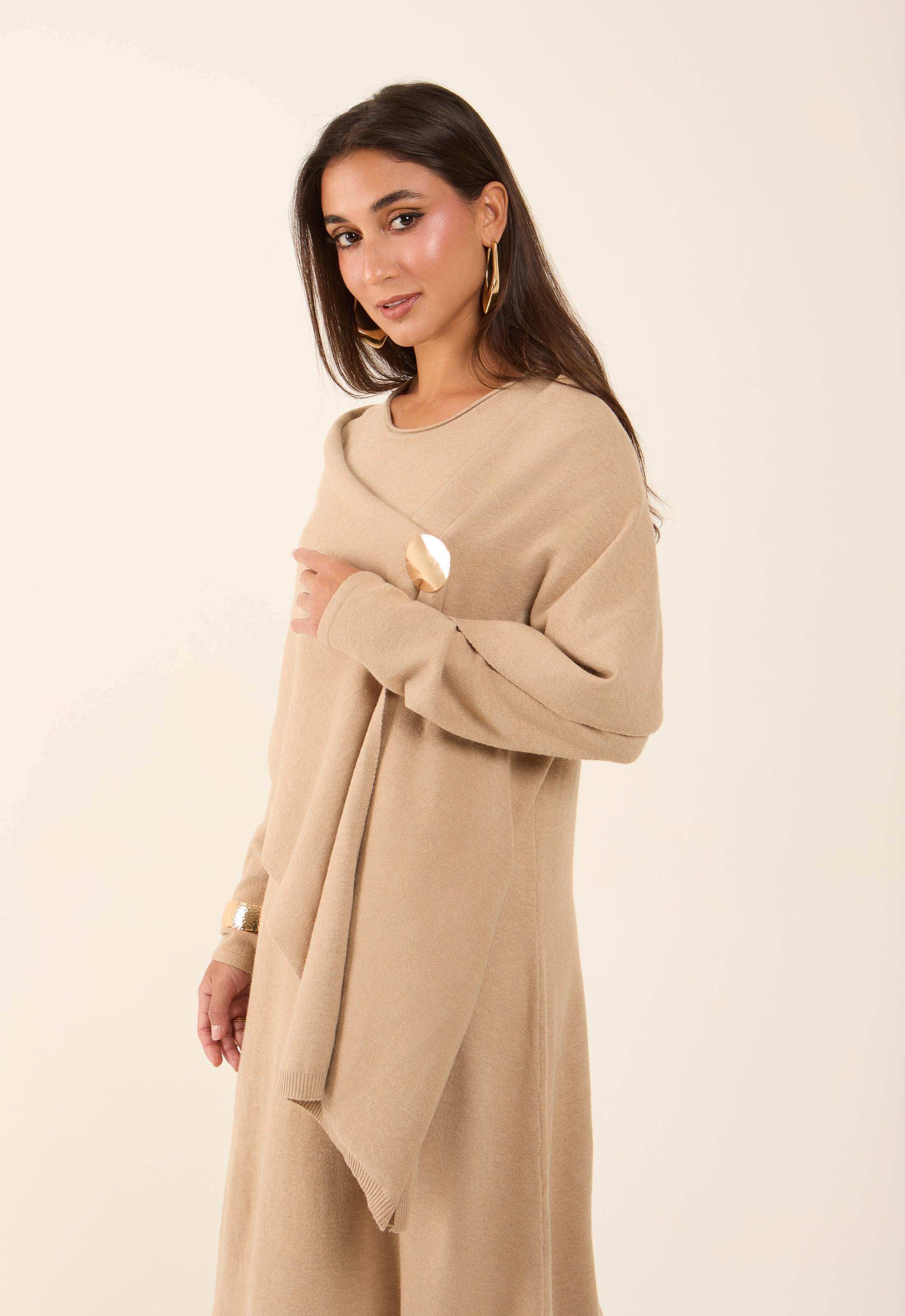 Neutral Flow Dress with Decorative Drape Shawl