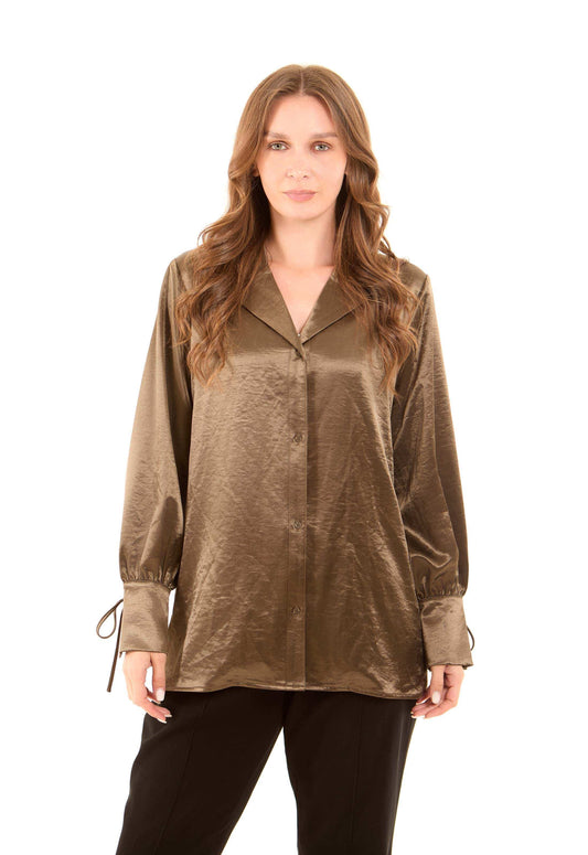 Satin-Feel Polyester Blouse with Notched Collar
