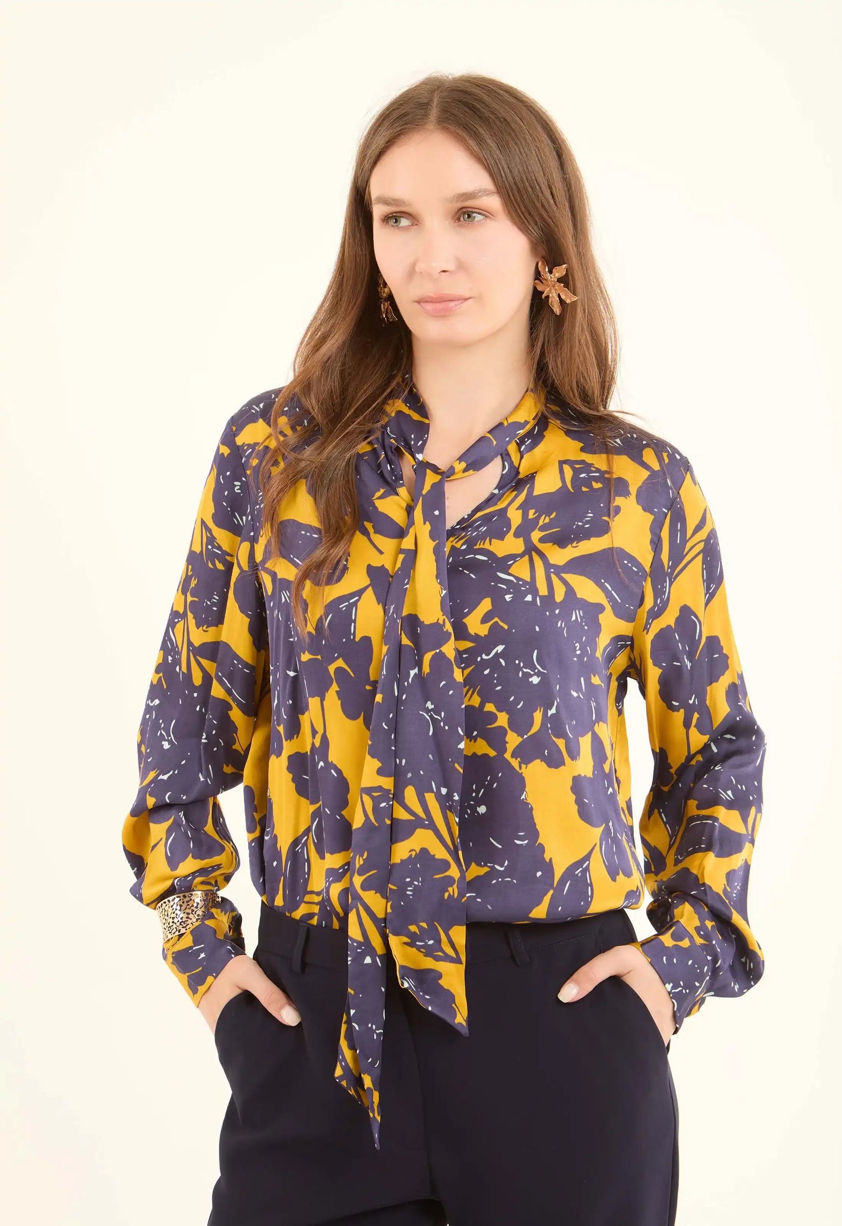 Floral Tie-Neck Viscose Blouse
