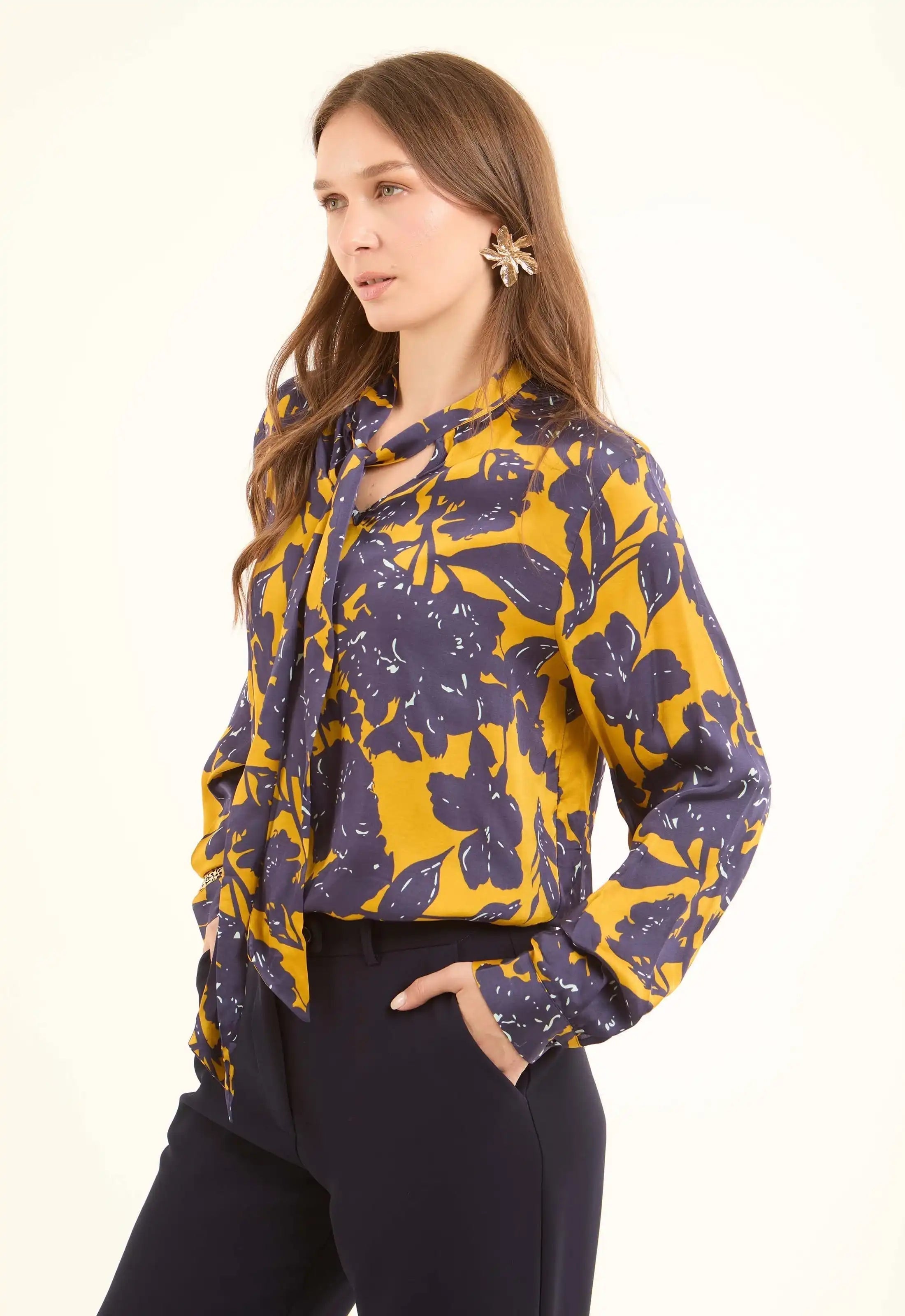 Floral Tie-Neck Viscose Blouse