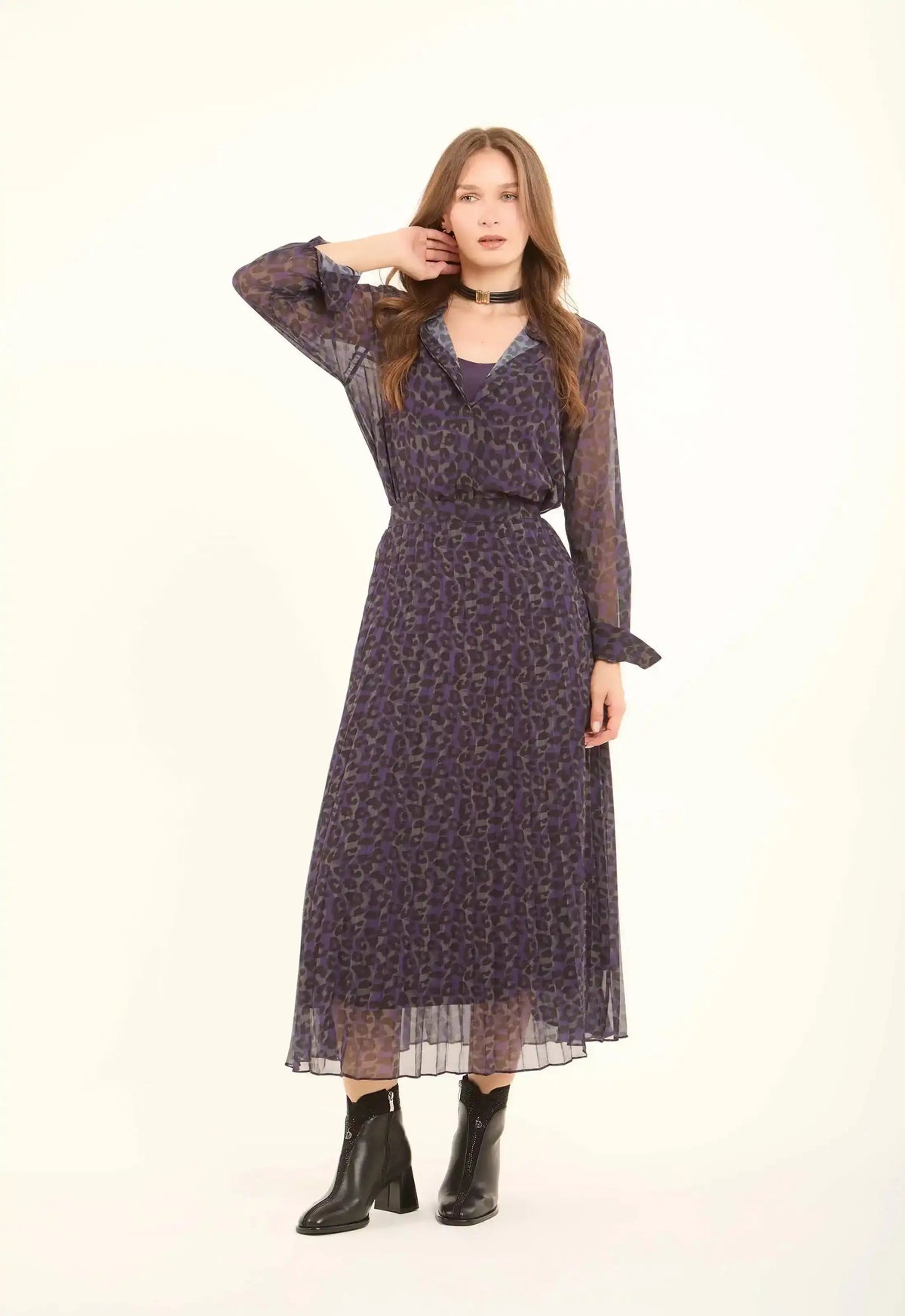 Leopard Chiffon Plisse Midi Skirt