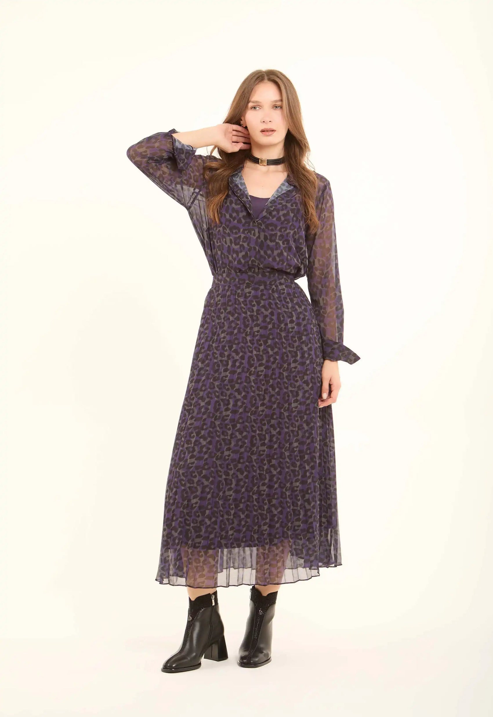 Leopard Chiffon Plisse Midi Skirt