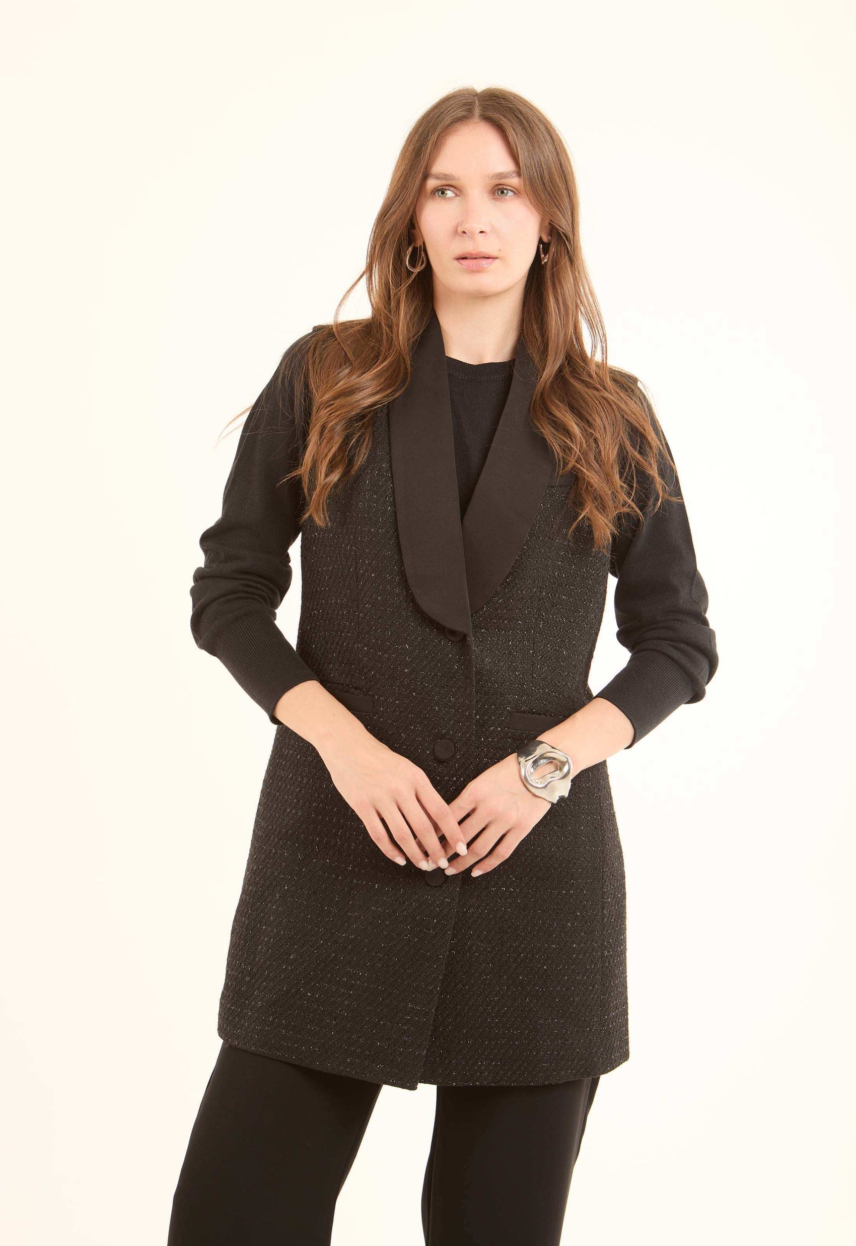 Classic Textured Long Vest with Single Button