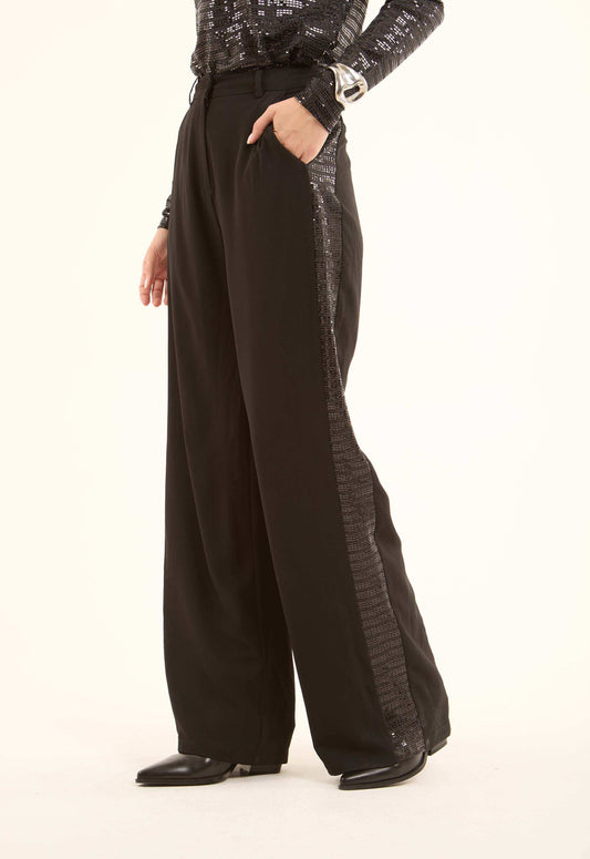Polyester Wide-Leg Pants with Sequined Side Detail