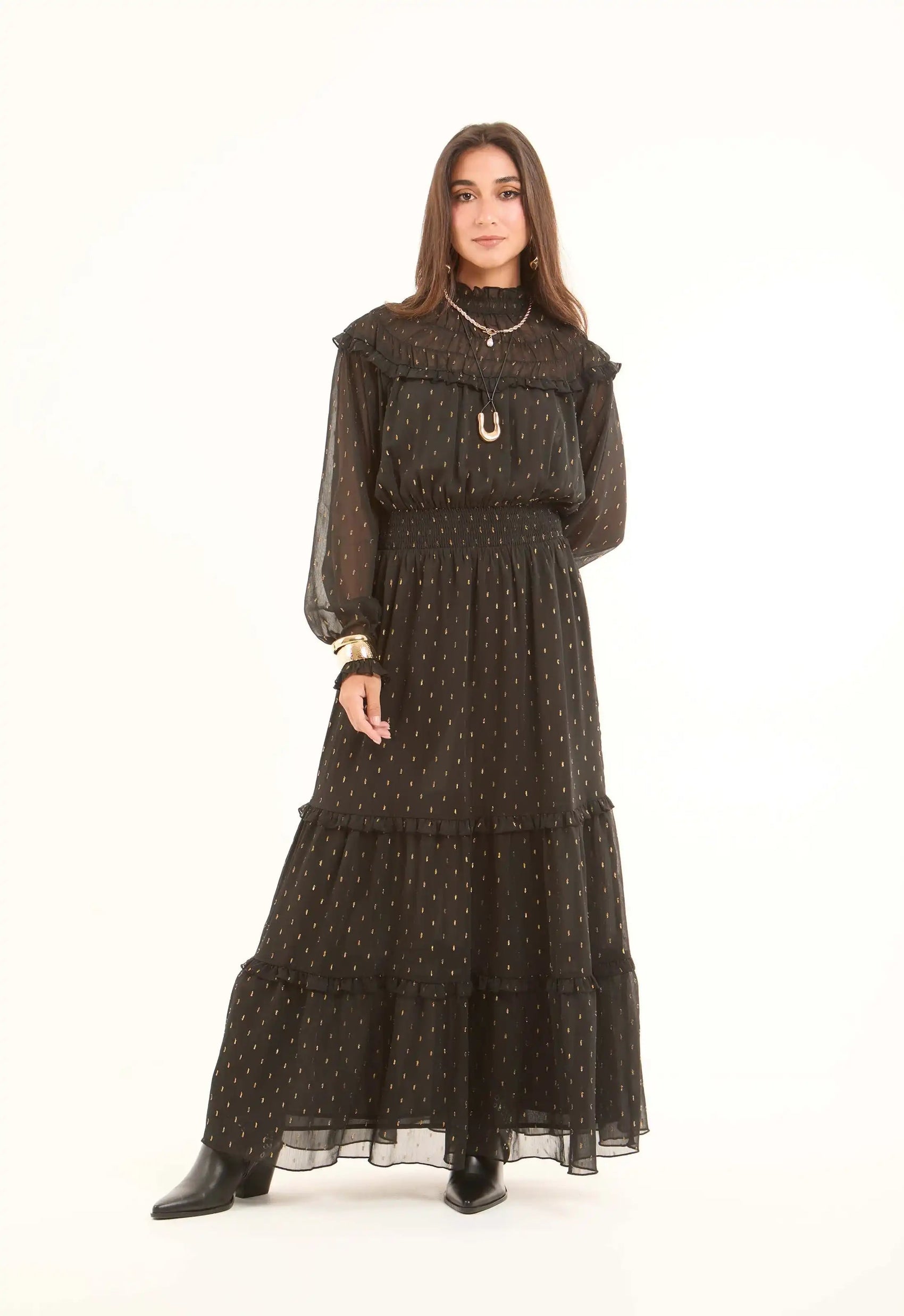 Sheer Shoulders & Sleeves Patterned Maxi Dress