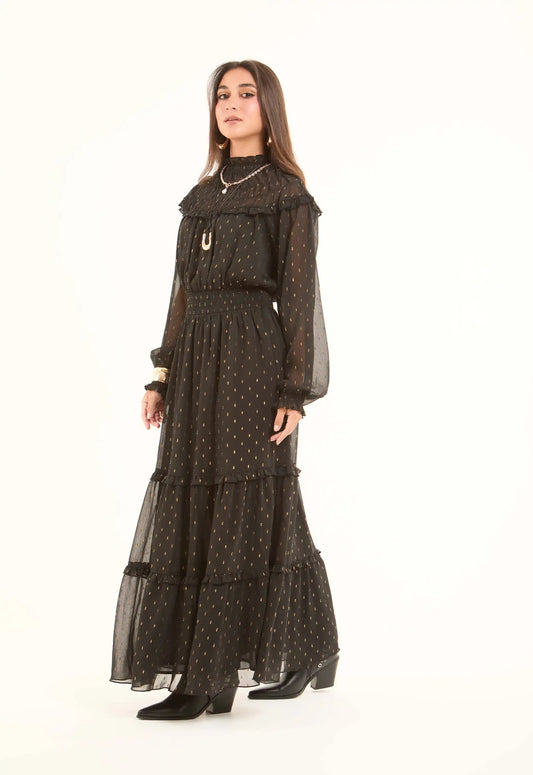 Sheer Shoulders & Sleeves Patterned Maxi Dress