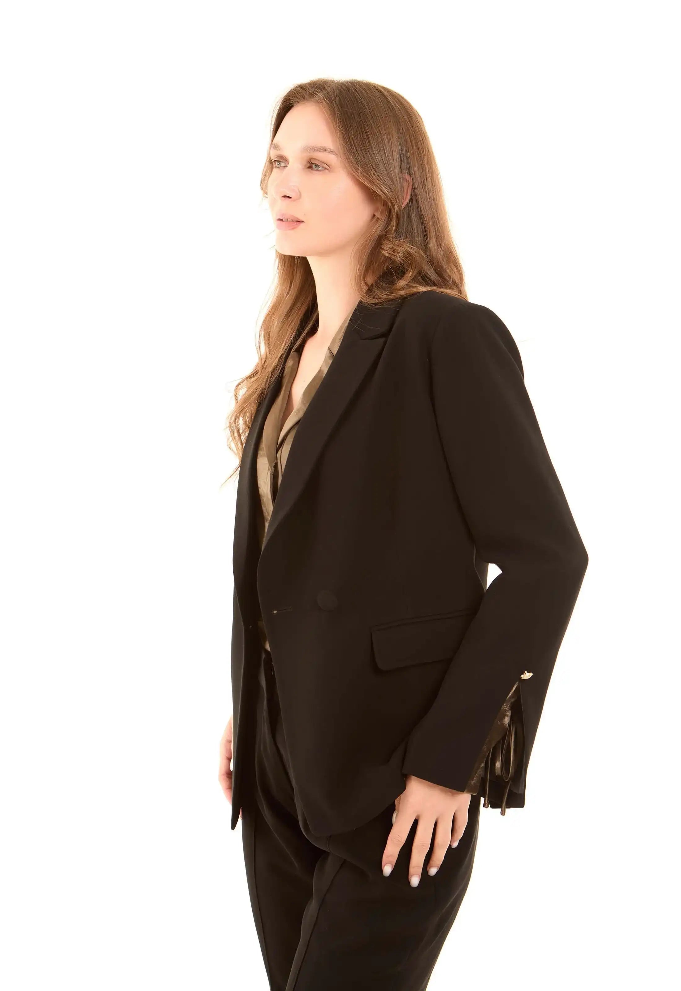 Tailored Polyester Blazer with Sleeve Tie Detail