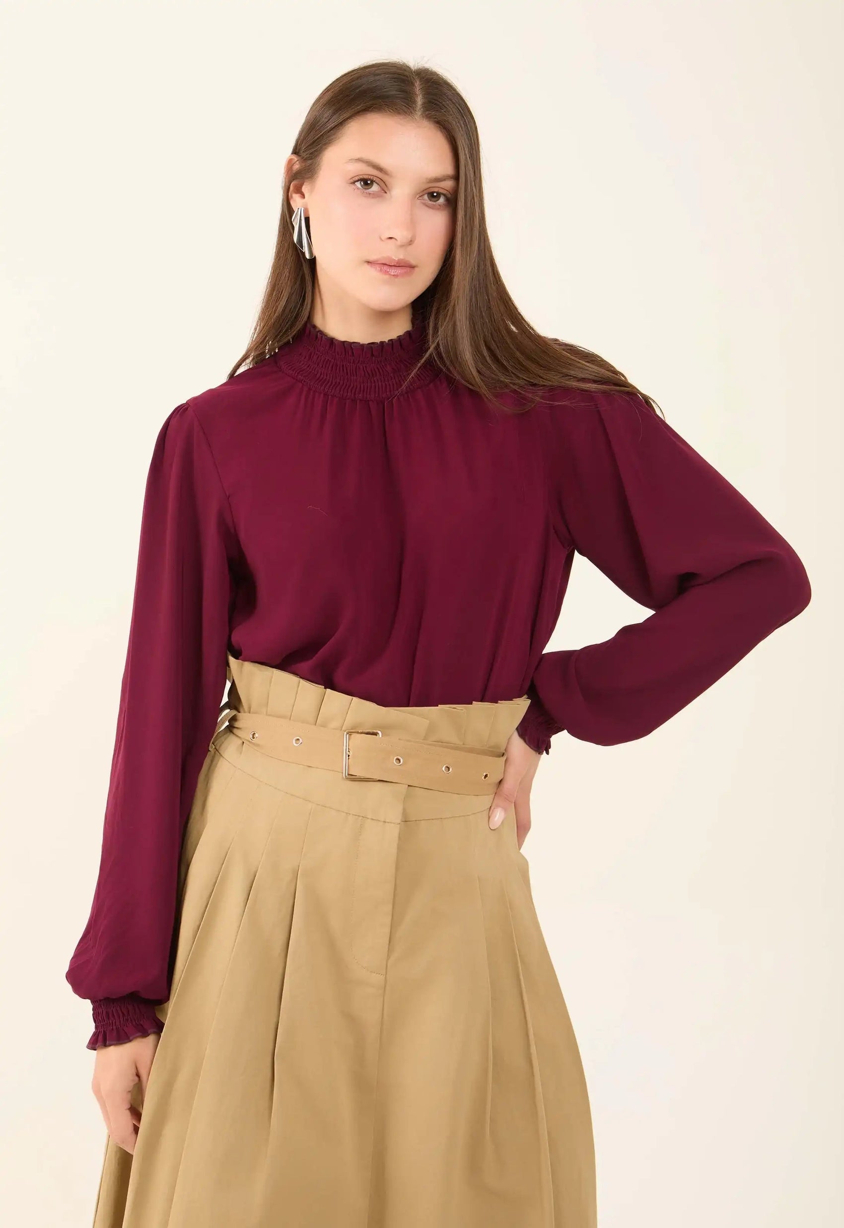 Flowy High-Neck Blouse with Shirred Details