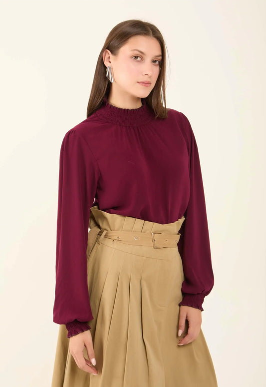 Flowy High-Neck Blouse with Shirred Details