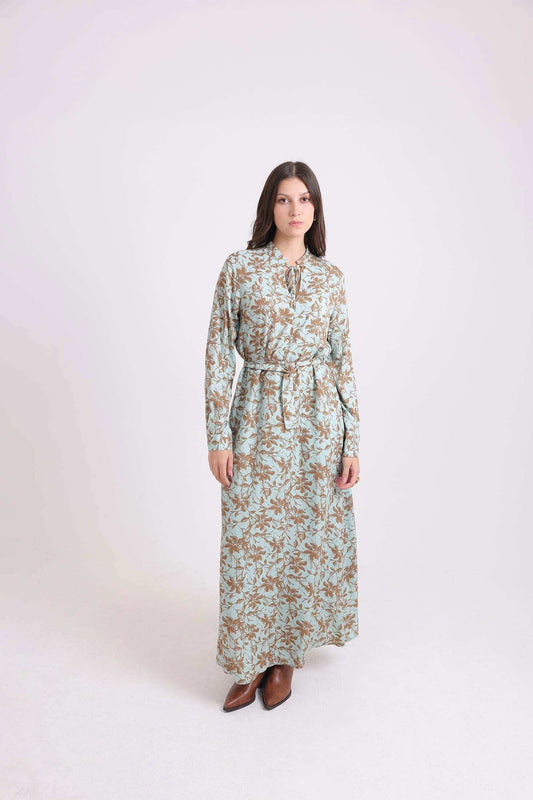 Floral Maxi Dress with Lace-Up Neck