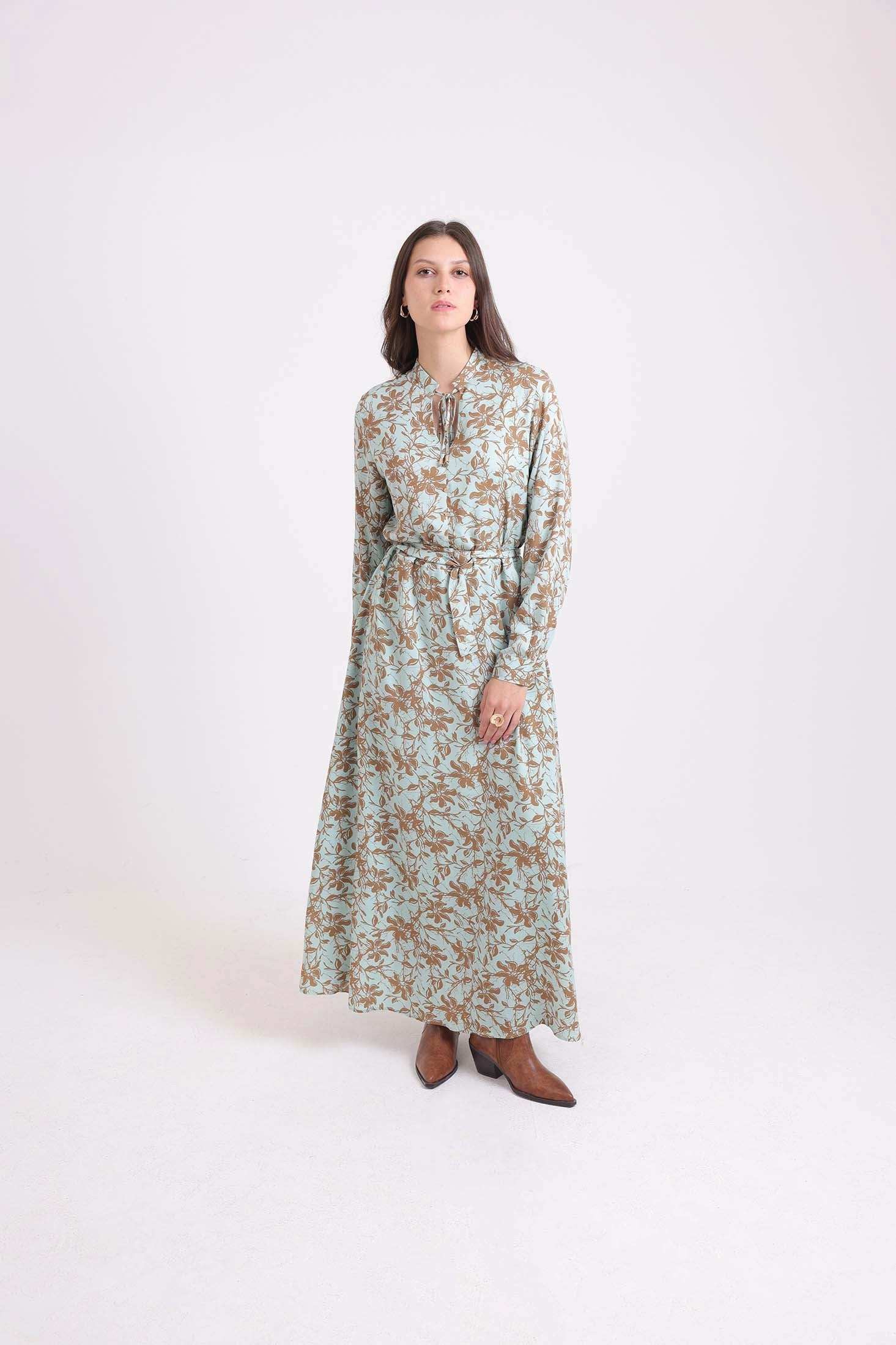 Floral Maxi Dress with Lace-Up Neck