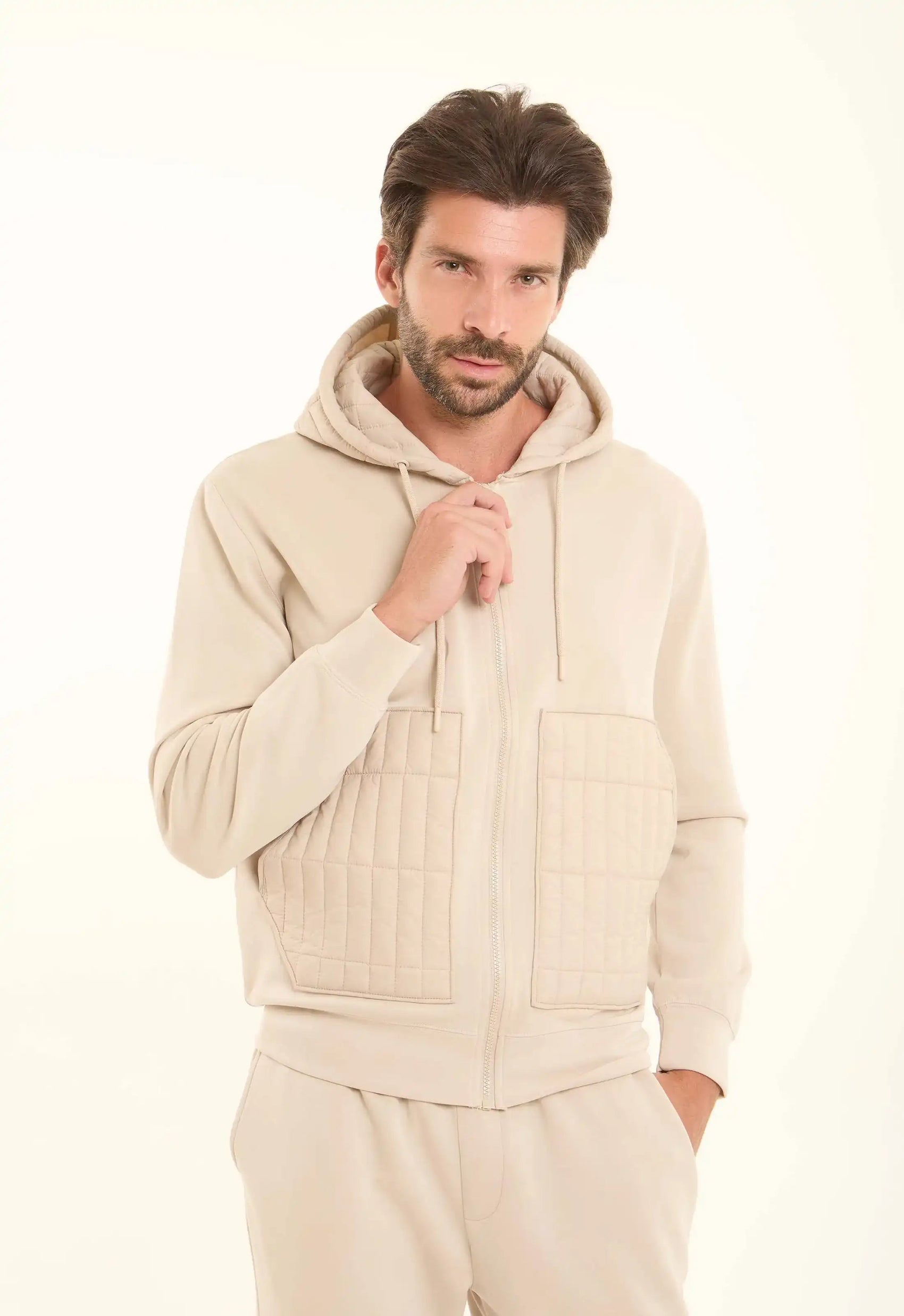 Zipped Hoodie with Front Quilted Pockets