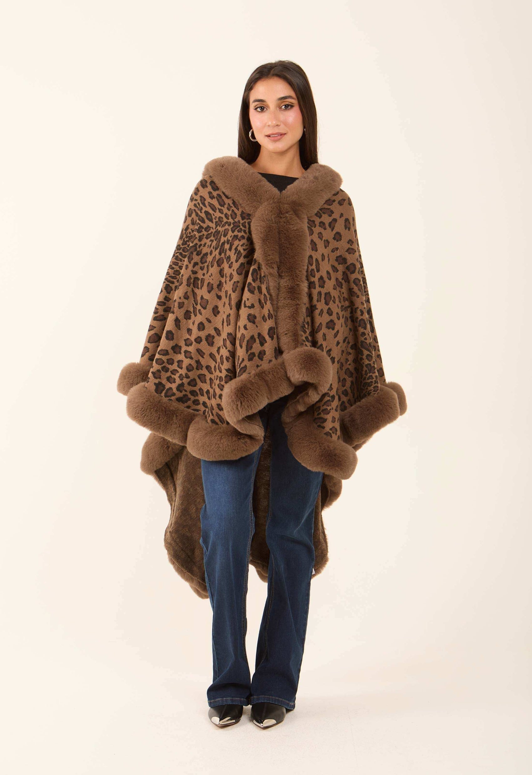 Hi-Low Fur Trim Leopard Poncho