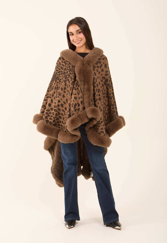 Hi-Low Fur Trim Leopard Poncho