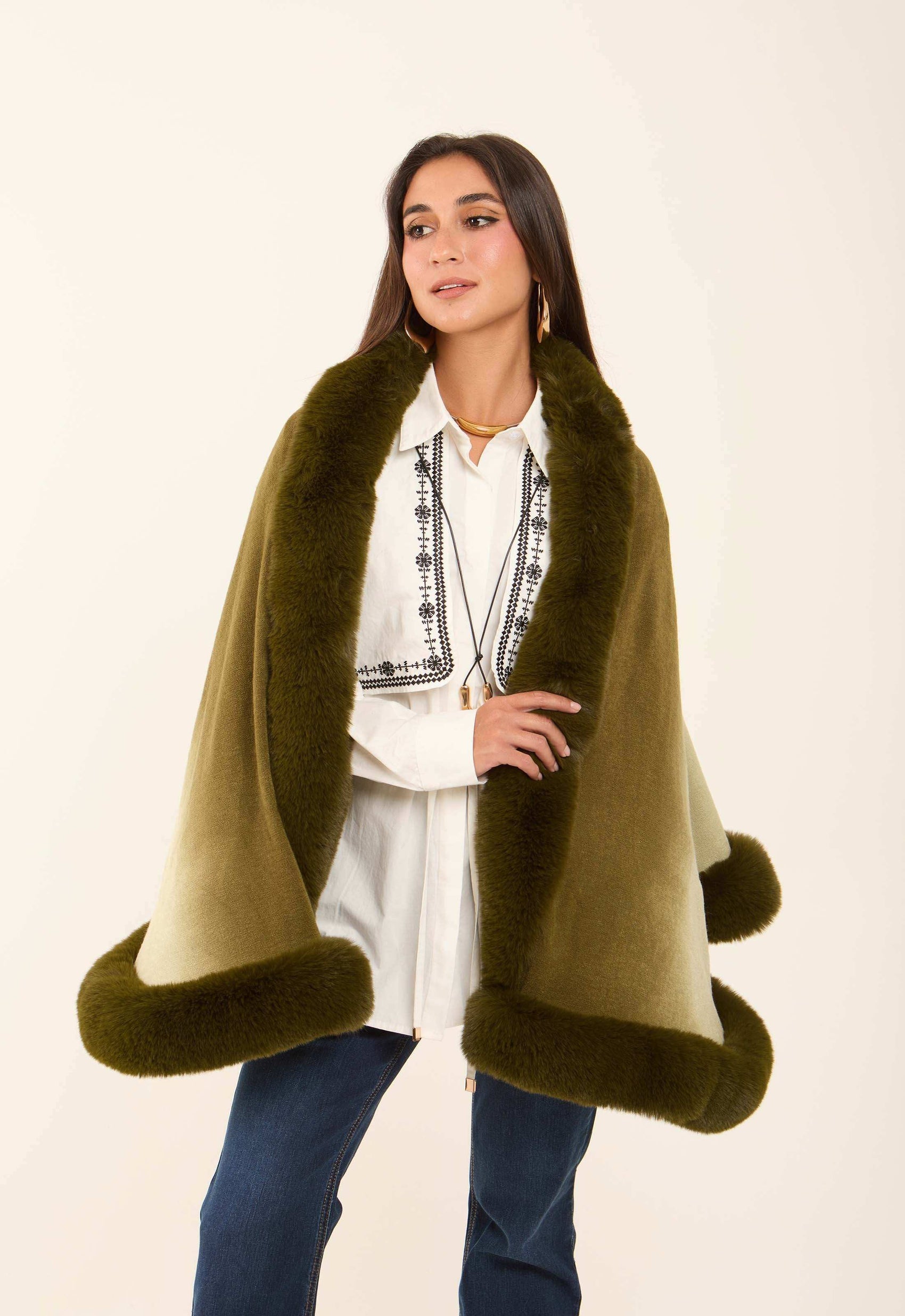 Elegant Slip On Poncho with Fur Trim