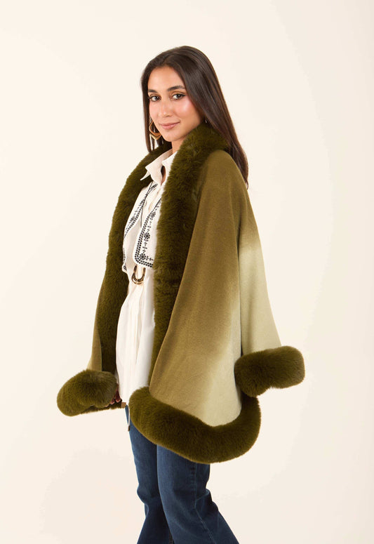 Elegant Slip On Poncho with Fur Trim
