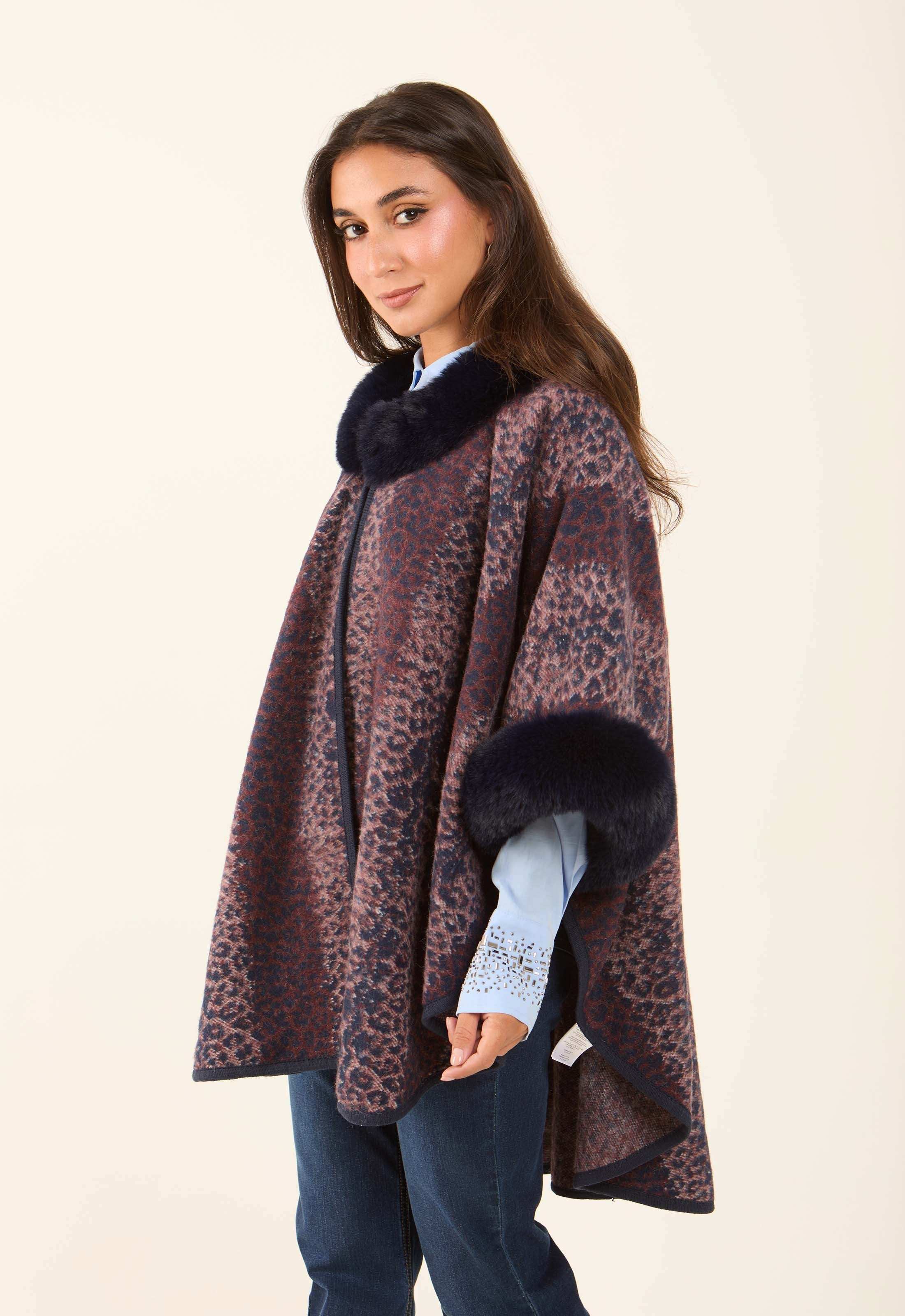 Fur Neck Leopard Winter Poncho