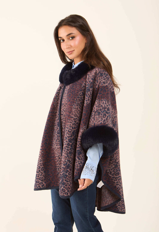 Fur Neck Leopard Winter Poncho