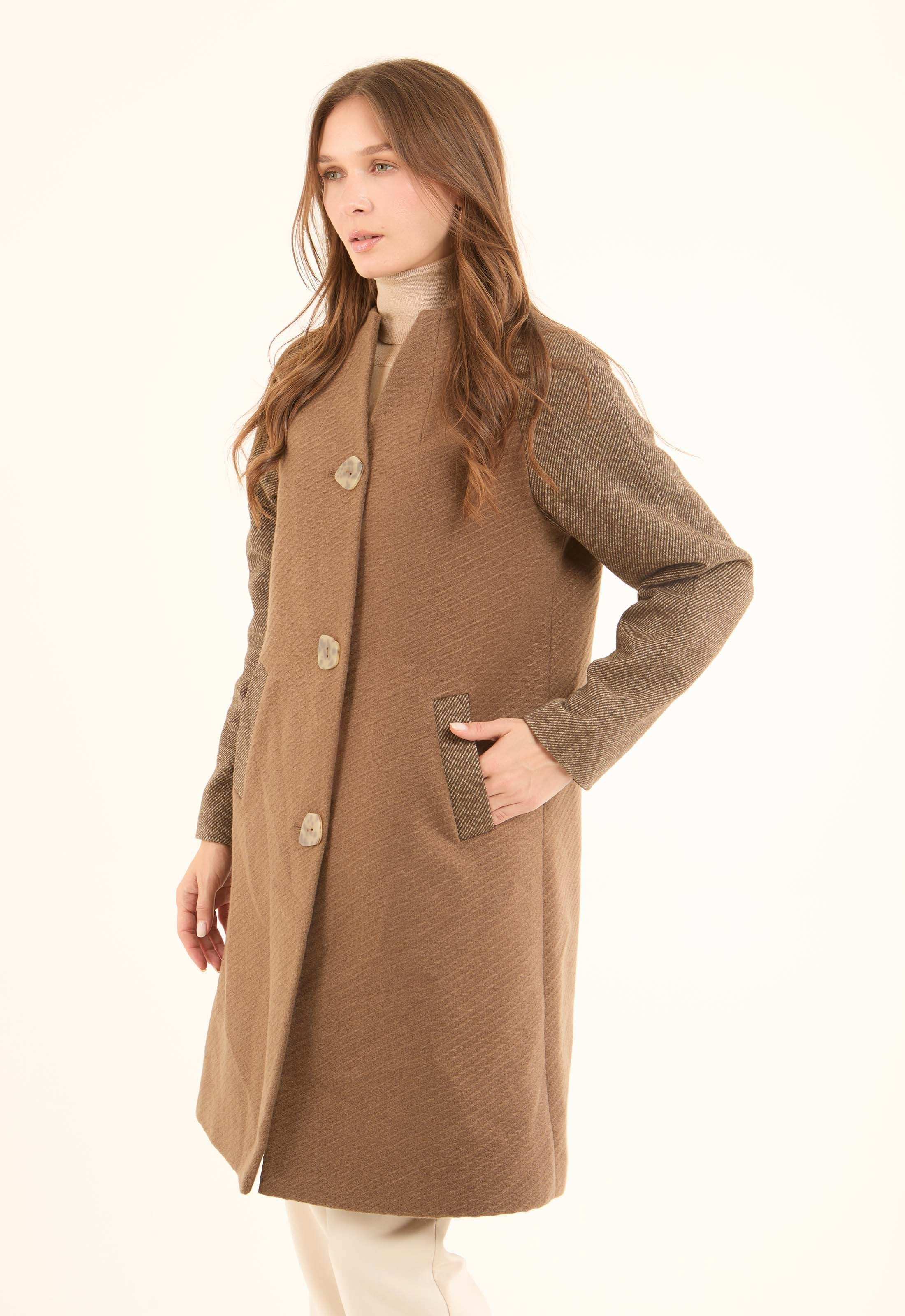 Colorblock Wool-Blend Style Long Coat