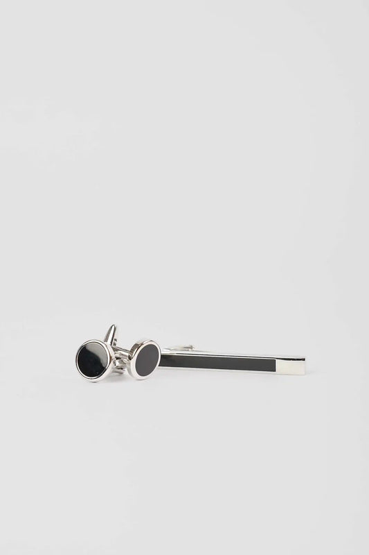 Circular Cufflink & Metal Tie Clip Set
