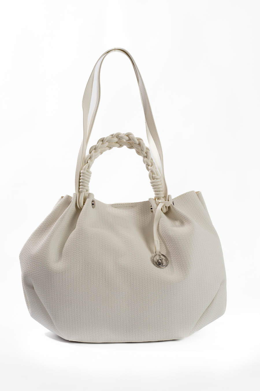 White Woven Braided-Handle Tote