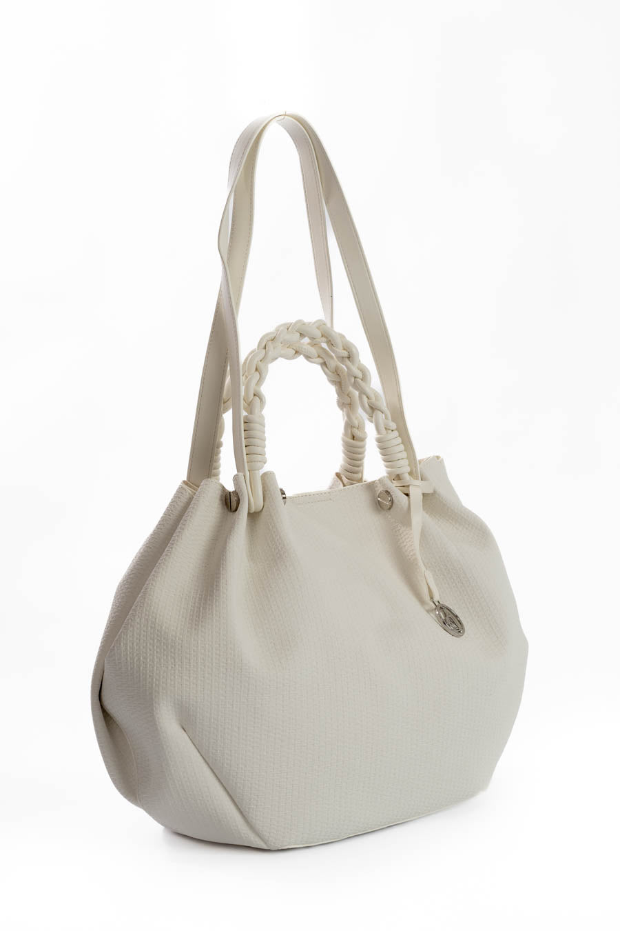 White Woven Braided-Handle Tote