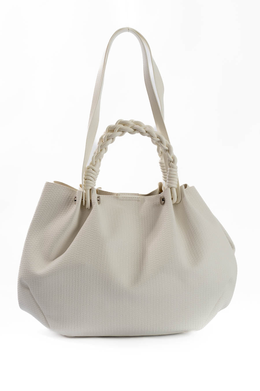 White Woven Braided-Handle Tote
