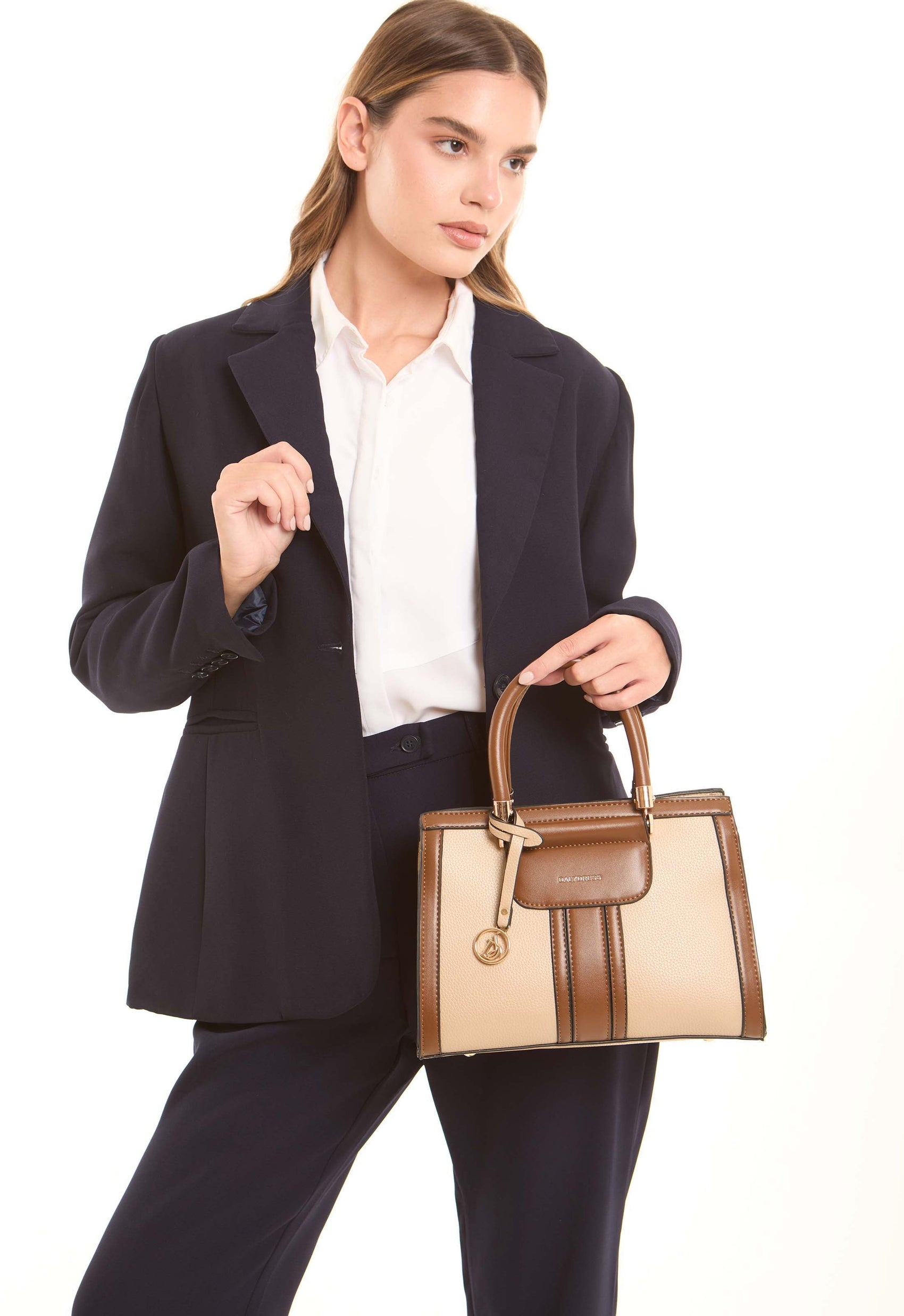 Beige & Tan Structured Handbag