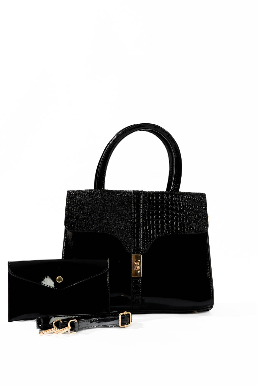 Black Croc-Embossed Structured Handbag