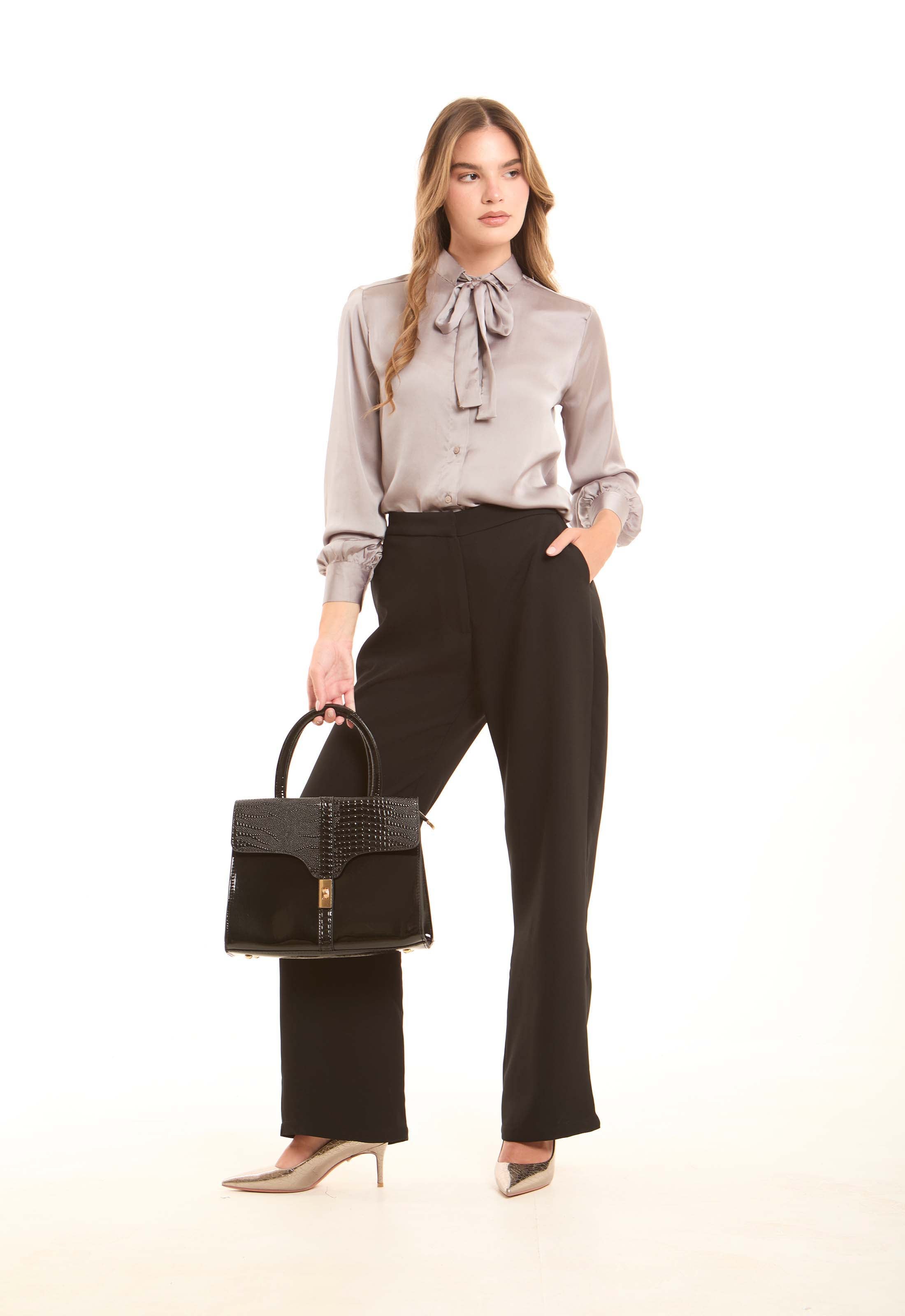 Black Croc-Embossed Structured Handbag