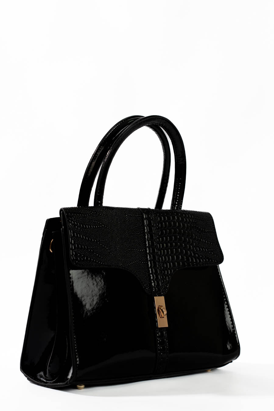 Black Croc-Embossed Structured Handbag