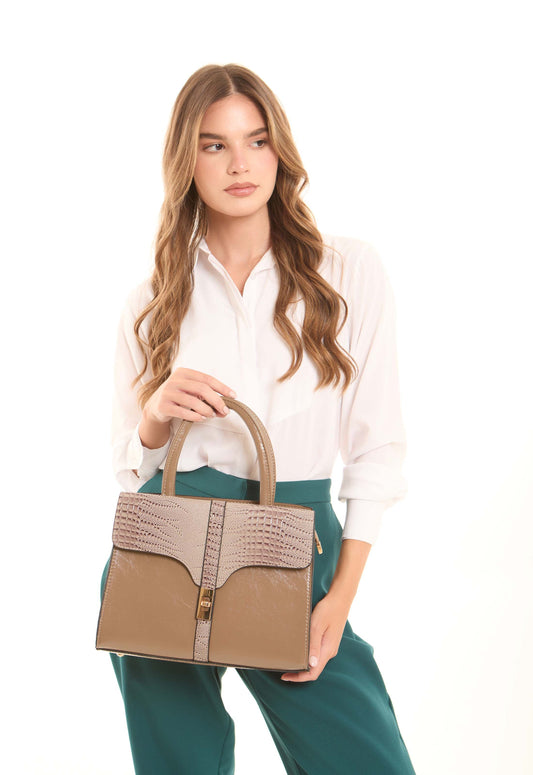 Taupe Croc-Embossed Structured Handbag